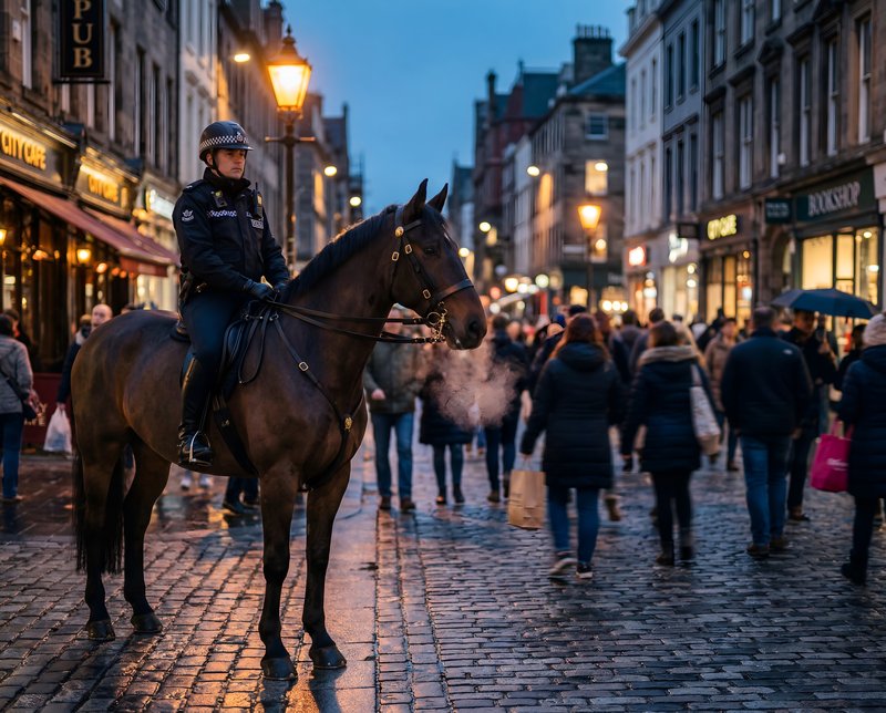 Horse patrol in a busy street at night in the city Premium Stock Image - stock photo