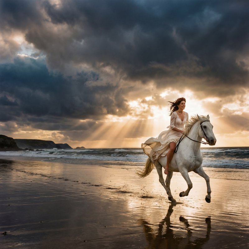 Woman rides white horse along beach at sunset Premium Stock Image - stock photo