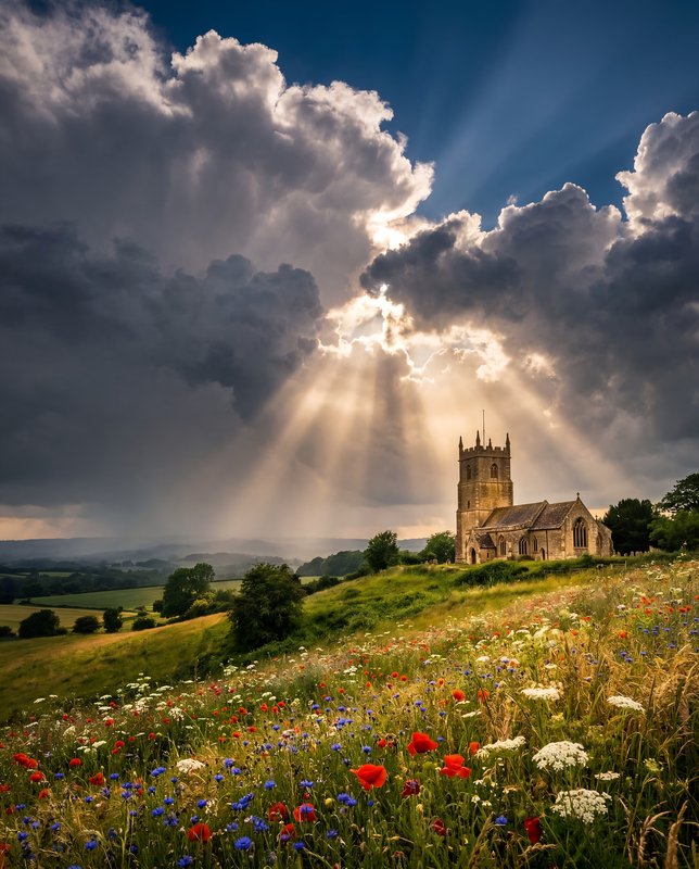 Light beams shine over church and wildflowers in valley Premium Stock Image - stock photo