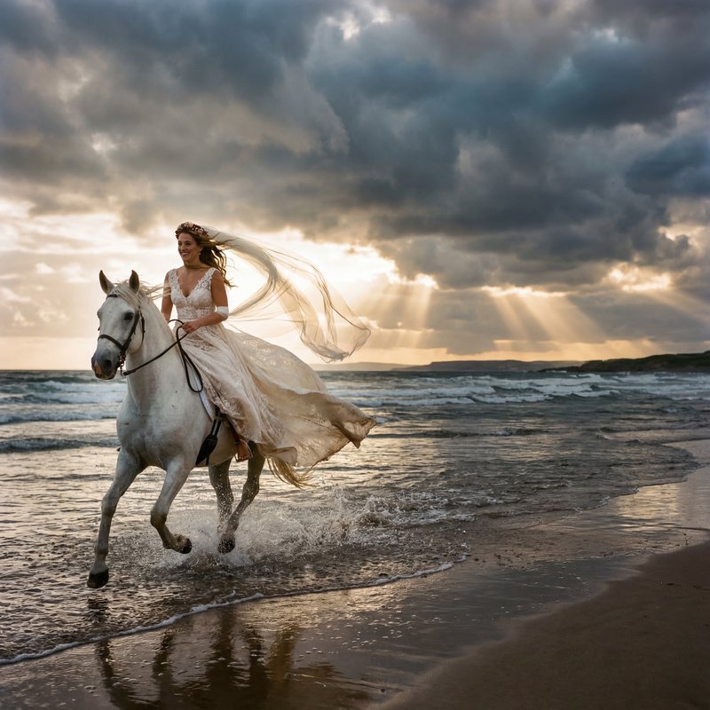 Bride rides white horse along beach at sunset with clouds Premium Stock Photo - stock photo