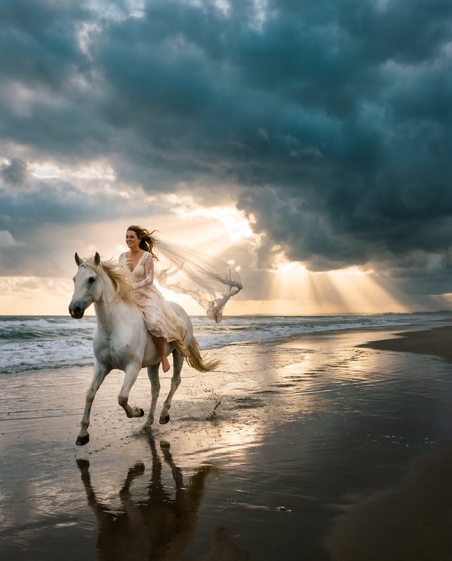 Woman rides white horse on beach during sunset Premium Stock Photo - stock photo