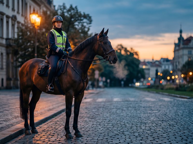 Police officer on horse in city at sunset Premium Stock Photo - stock photo