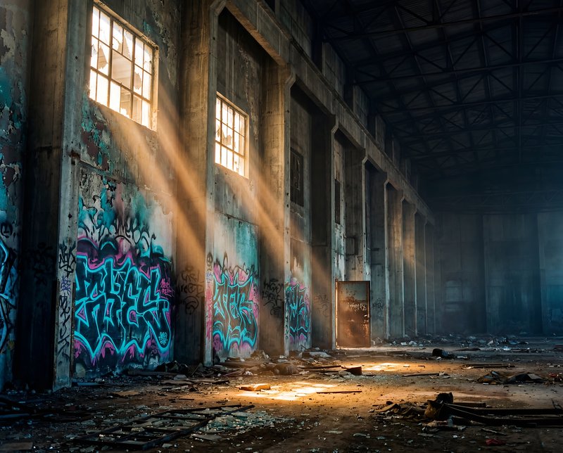 Sunlight shines through windows in an empty industrial space Premium Stock Photo - stock photo