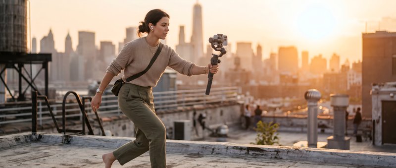 Woman walks on rooftop while filming city at sunset Premium Stock Image - stock photo