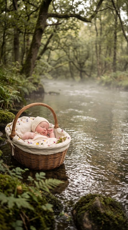 Baby sleeps peacefully in a basket near a flowing stream Premium Stock Image - stock photo