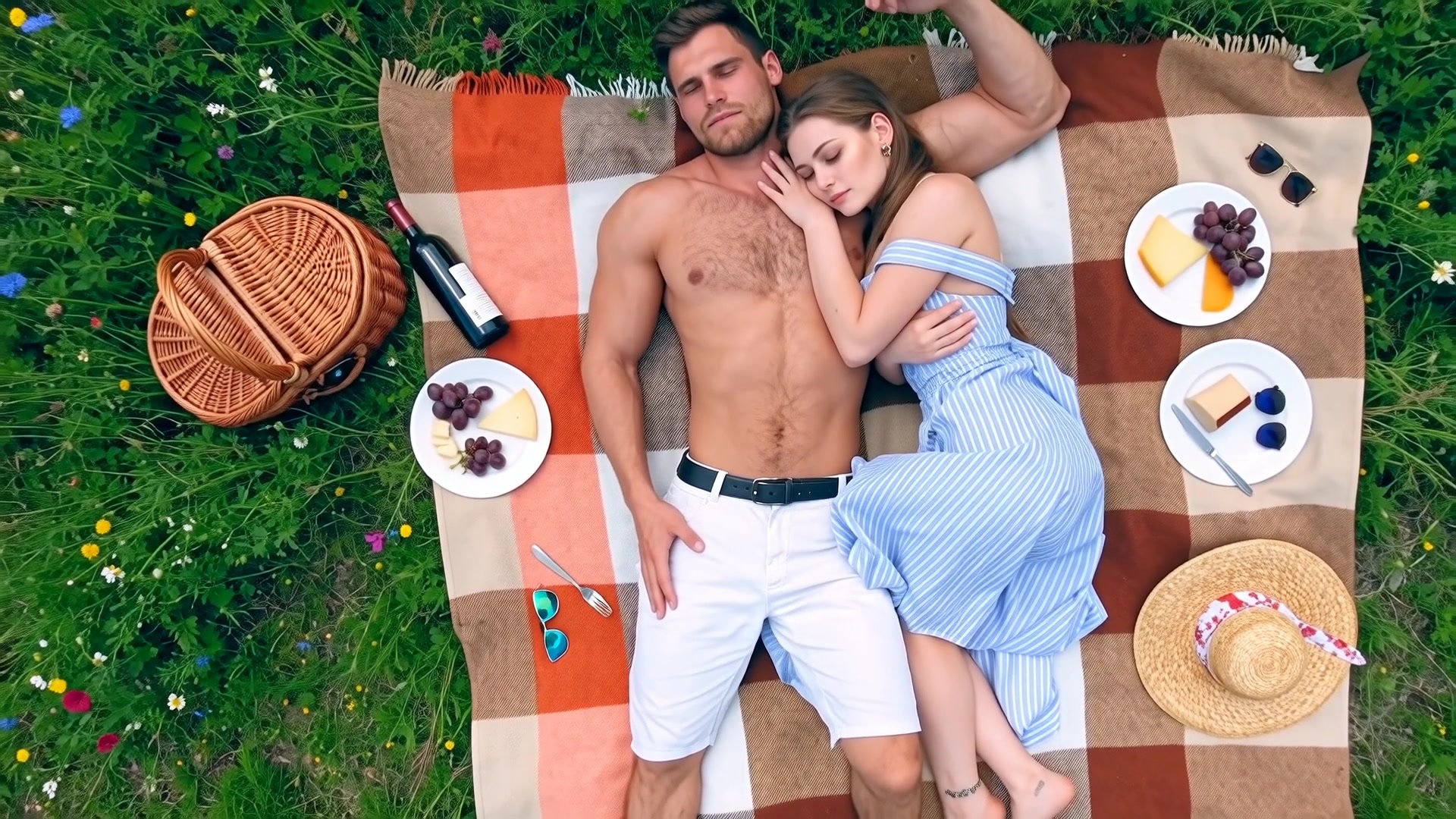 Couple enjoys picnic on blanket in grassy area with food and drinks during daytime in open space - stock video