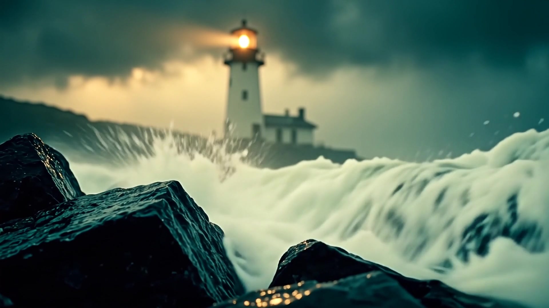 Waves crash against rocks near a lighthouse during a stormy evening on the coast - stock video
