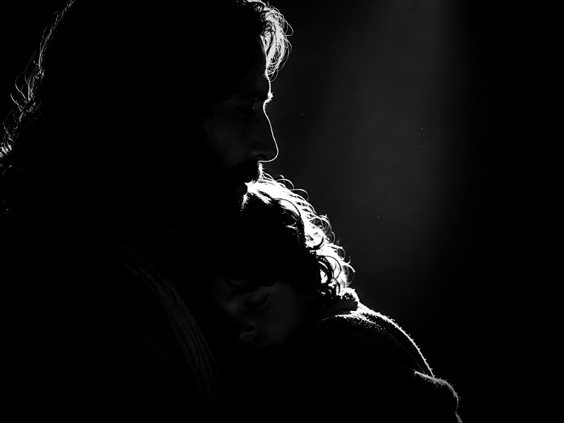 Father Holds Child Close in Dark Room With Gentle Light