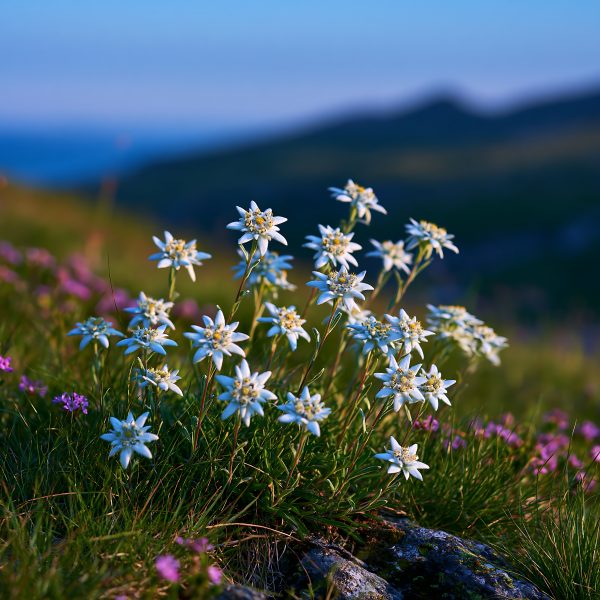 Edelweiss Flowers Blooming in an Alpine Meadow at Dusk