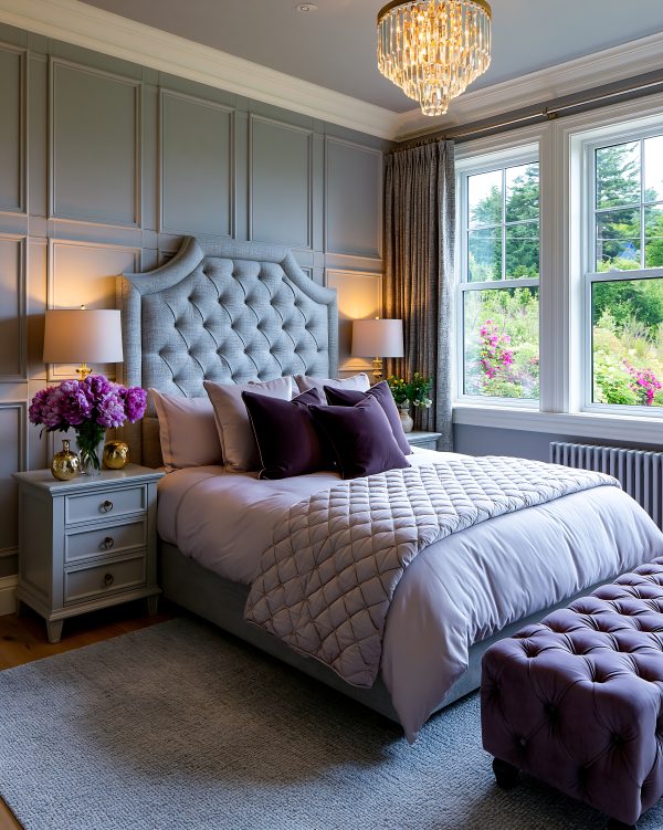 Classic Bedroom With Upholstered Walls and Floral Decor