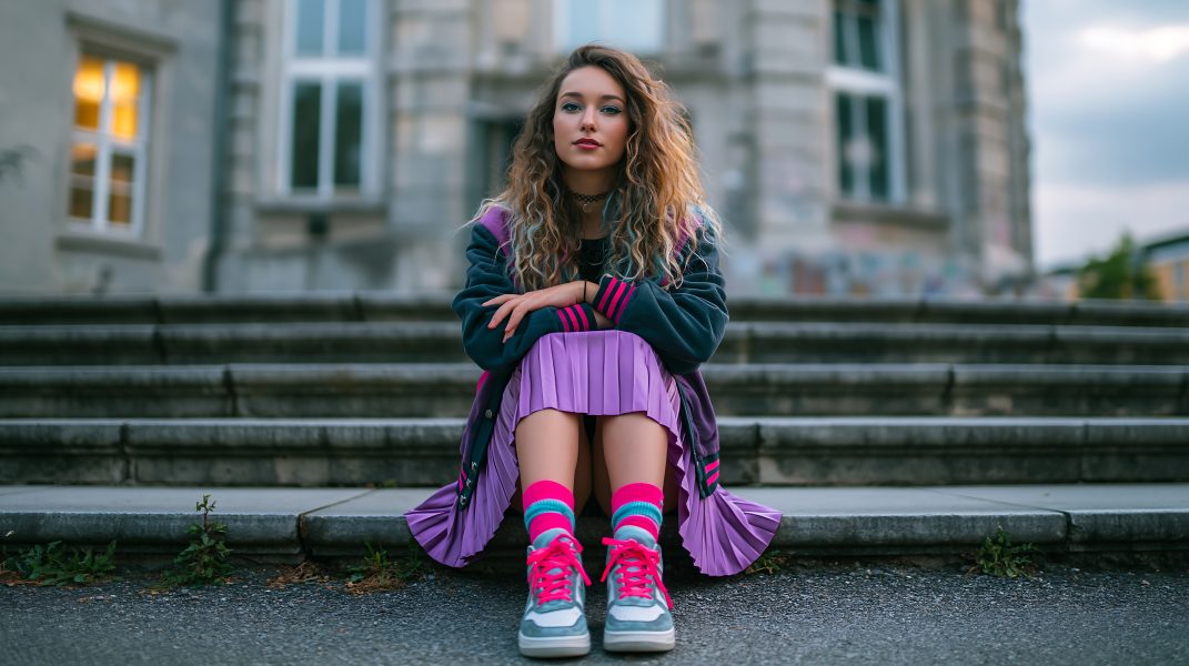 Young Woman Sitting on Steps, Varsity Jacket and Pleated Skirt