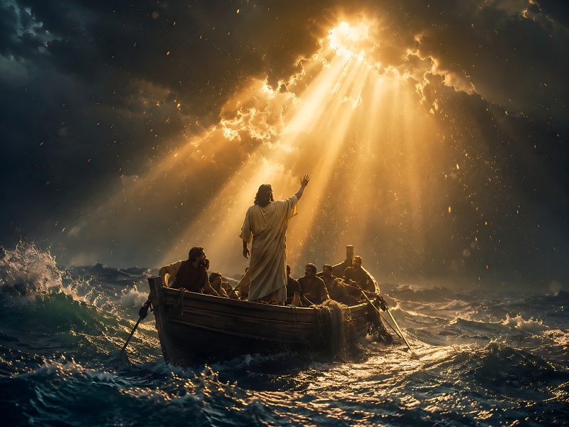 Jesus Stands in Boat as Storm Clouds Gather and Sunlight Breaks