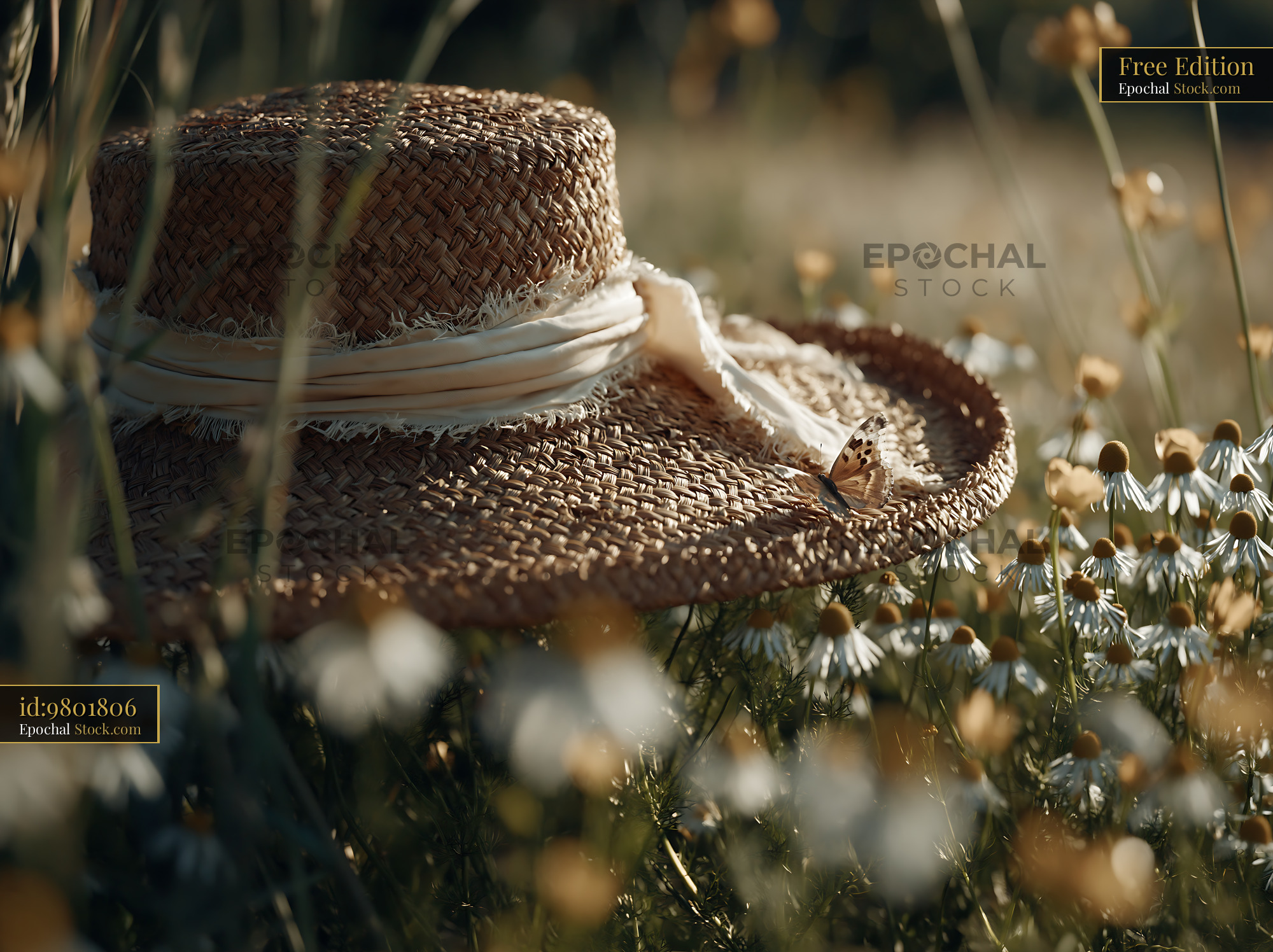 Straw hat with butterfly resting on brim in a chamomile field - stock photo
