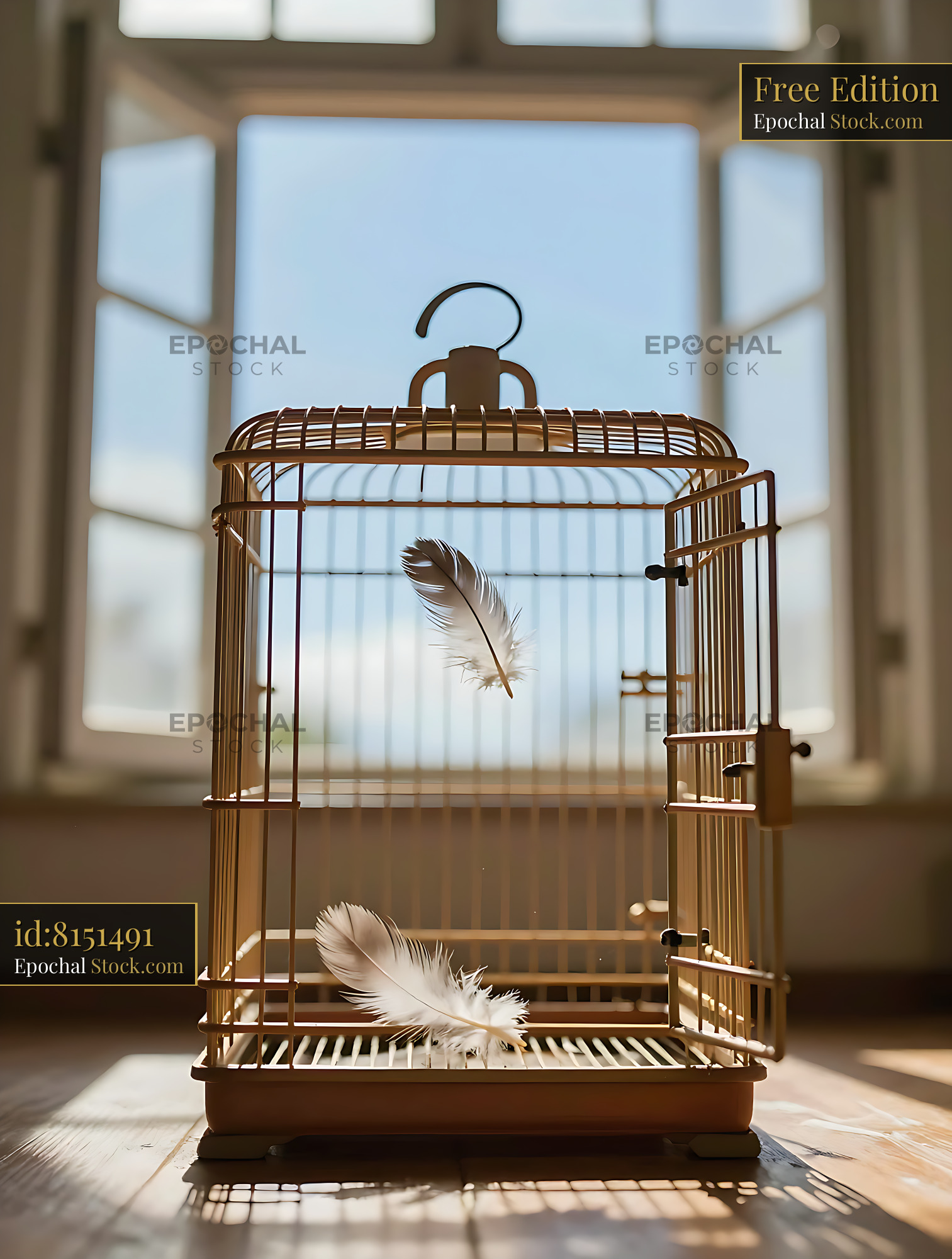 Empty birdcage with floating feathers by bright window, symbolizing fr - stock photo