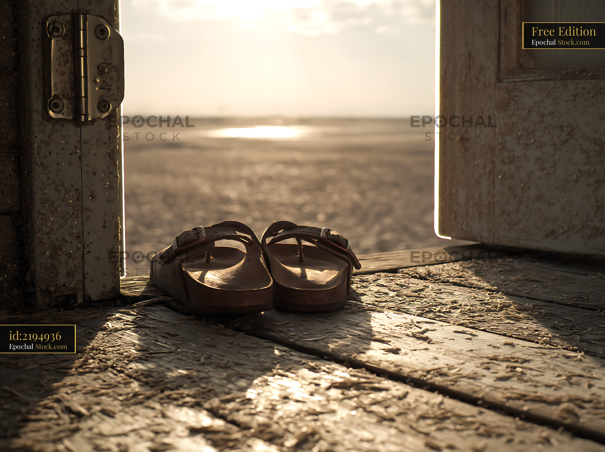 Leather sandals on a rustic wooden floor by an open door at sunset - stock photo