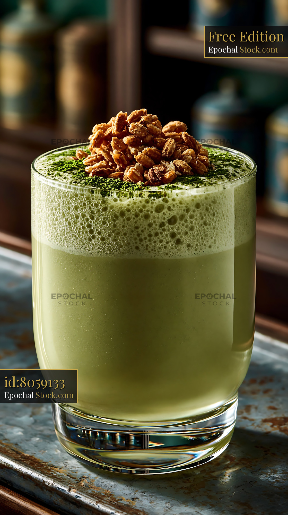 Genmaicha tea smoothie with toasted rice topping in a glass - stock photo