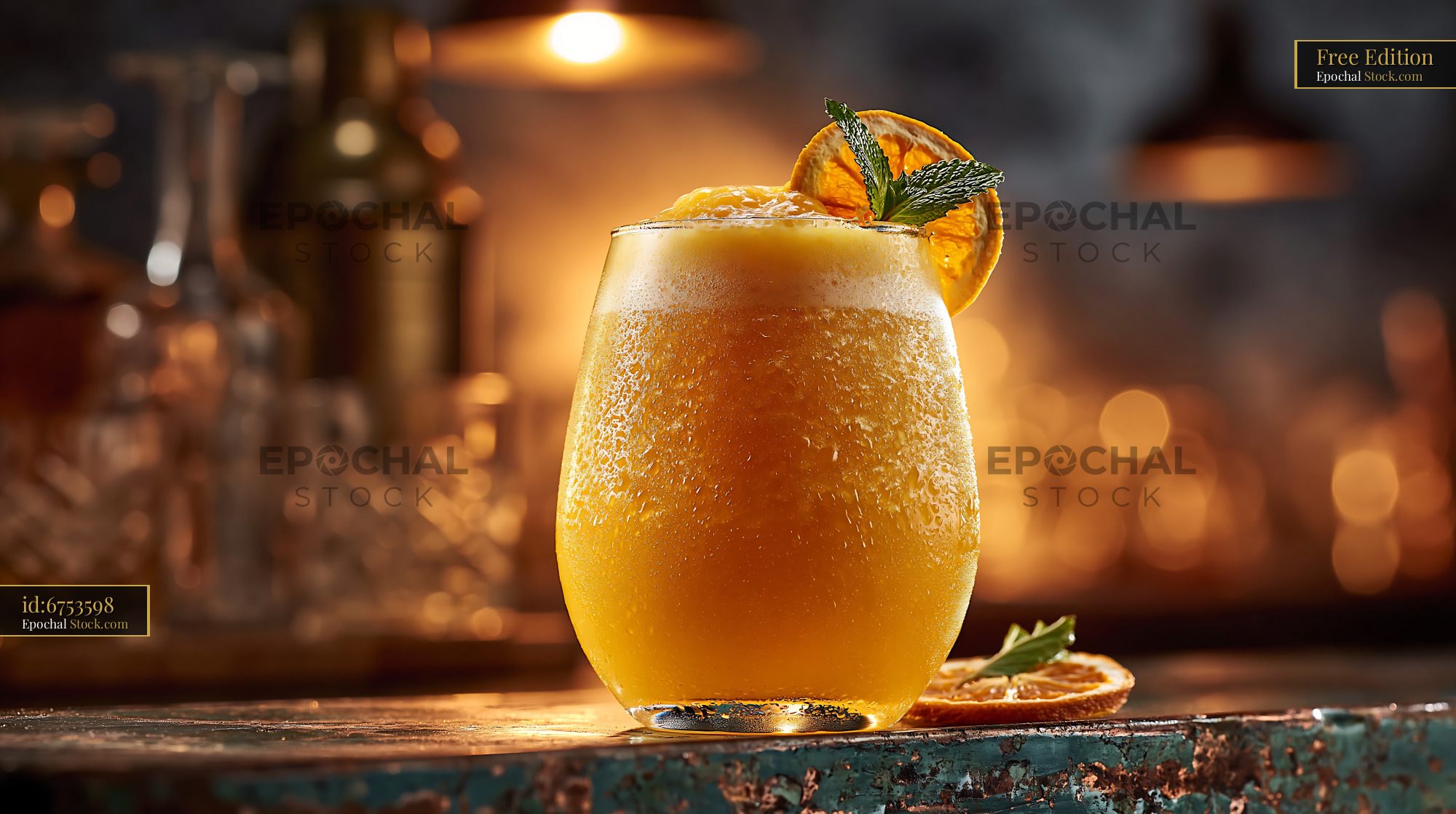 Chilled hallabong citrus smoothie with mint garnish in a warm bar - stock photo