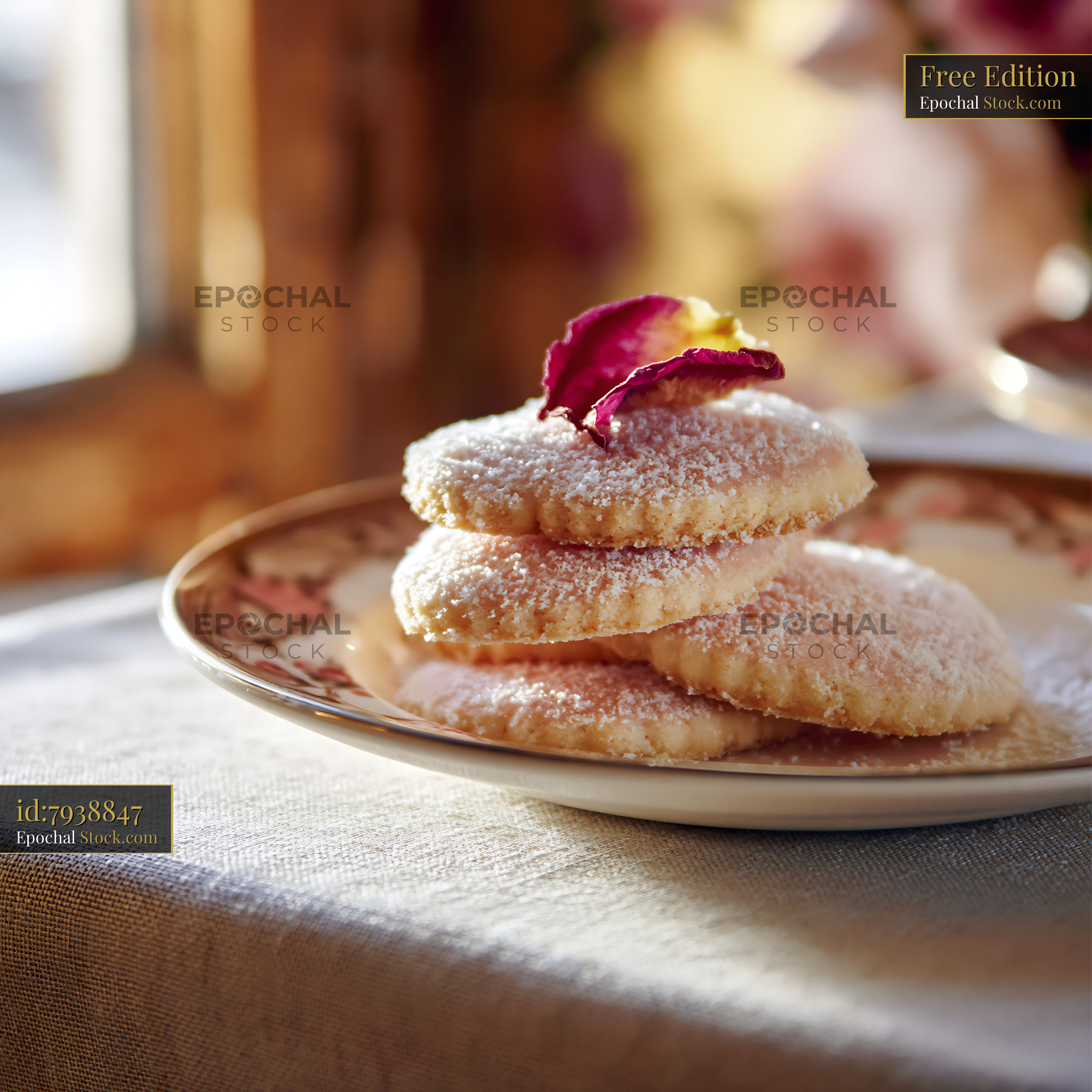 Rose water biscuits stacked on a vintage plate in warm sunlight - stock photo
