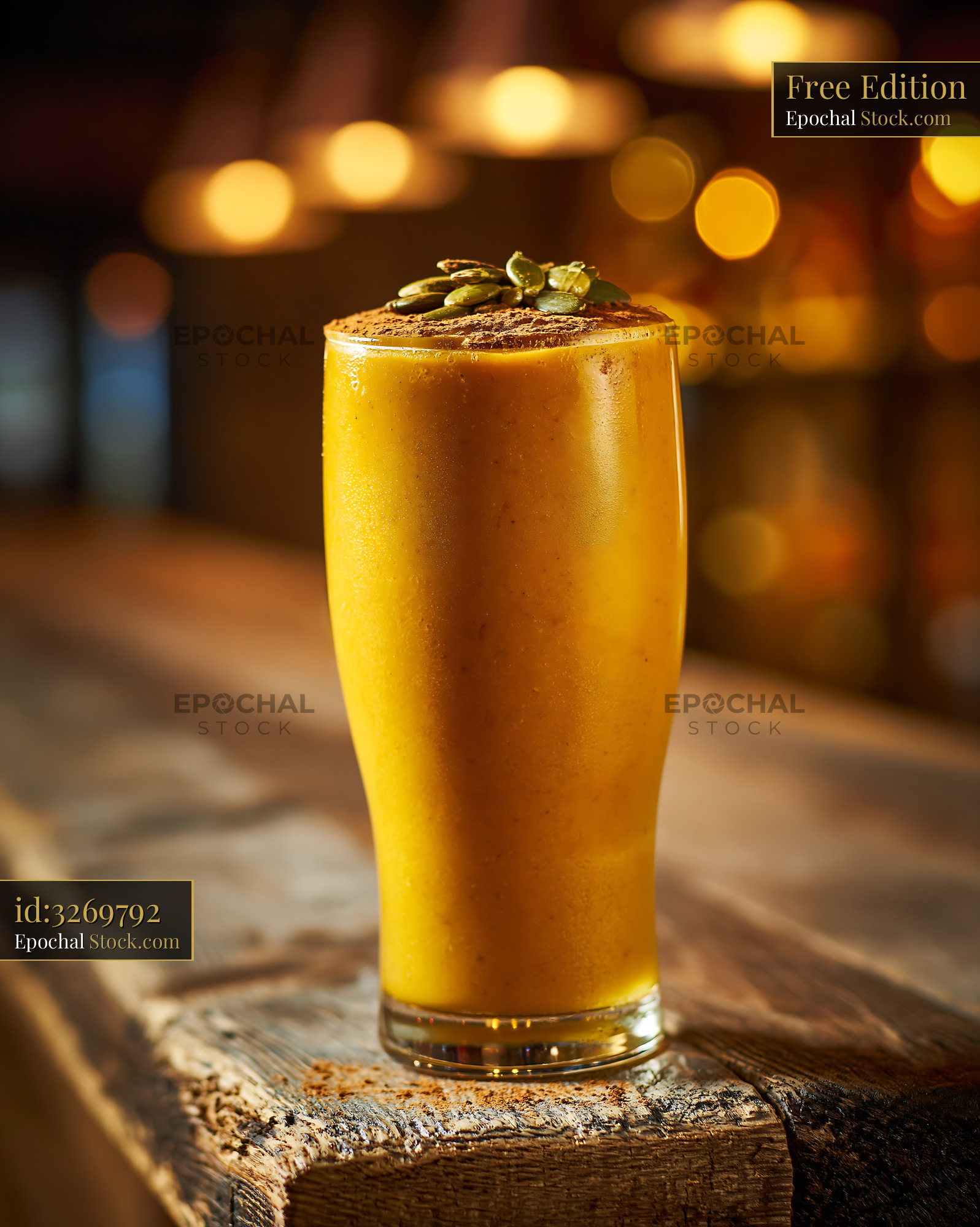 Creamy kabocha pumpkin smoothie topped with seeds and cinnamon - stock photo