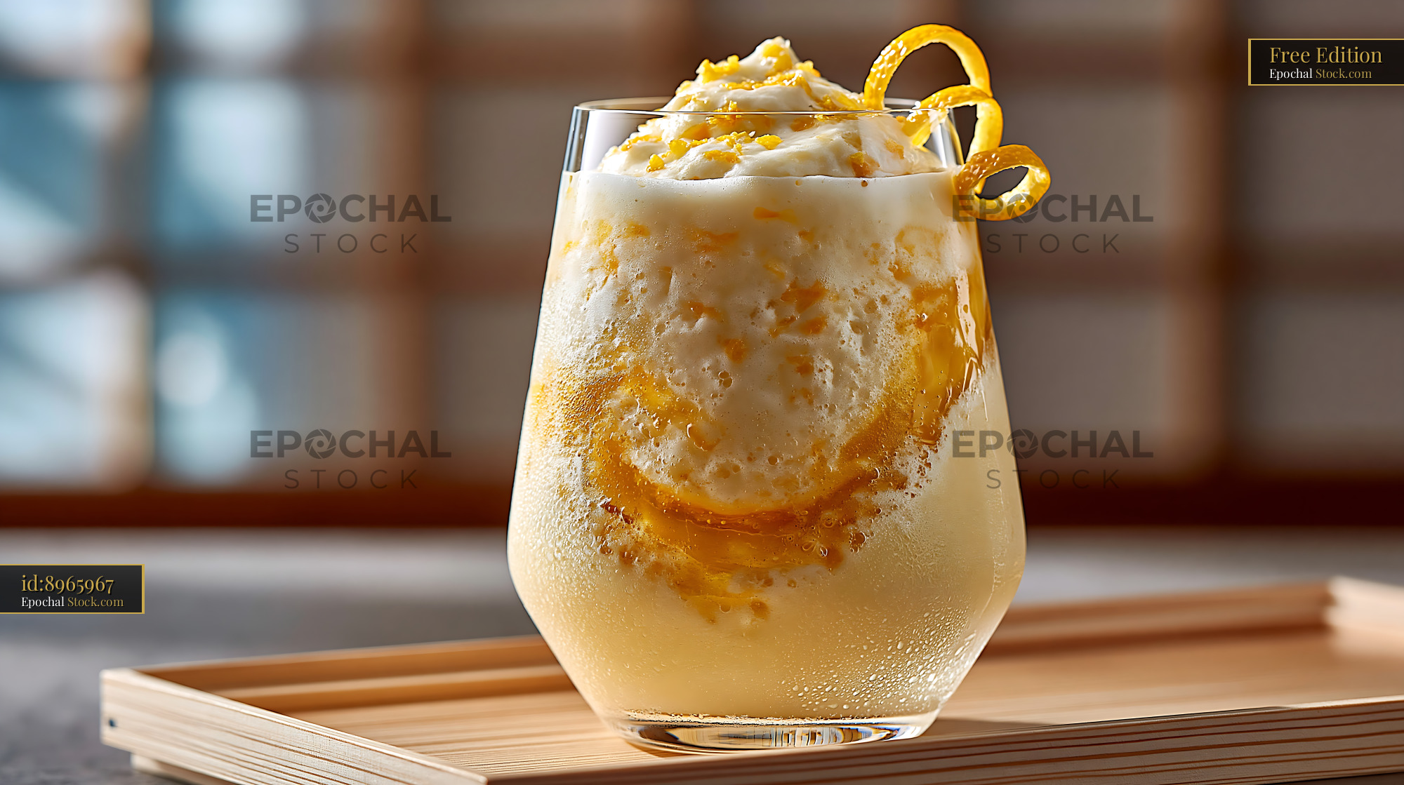 Refreshing yuzu honey smoothie with citrus zest on a wooden tray - stock photo