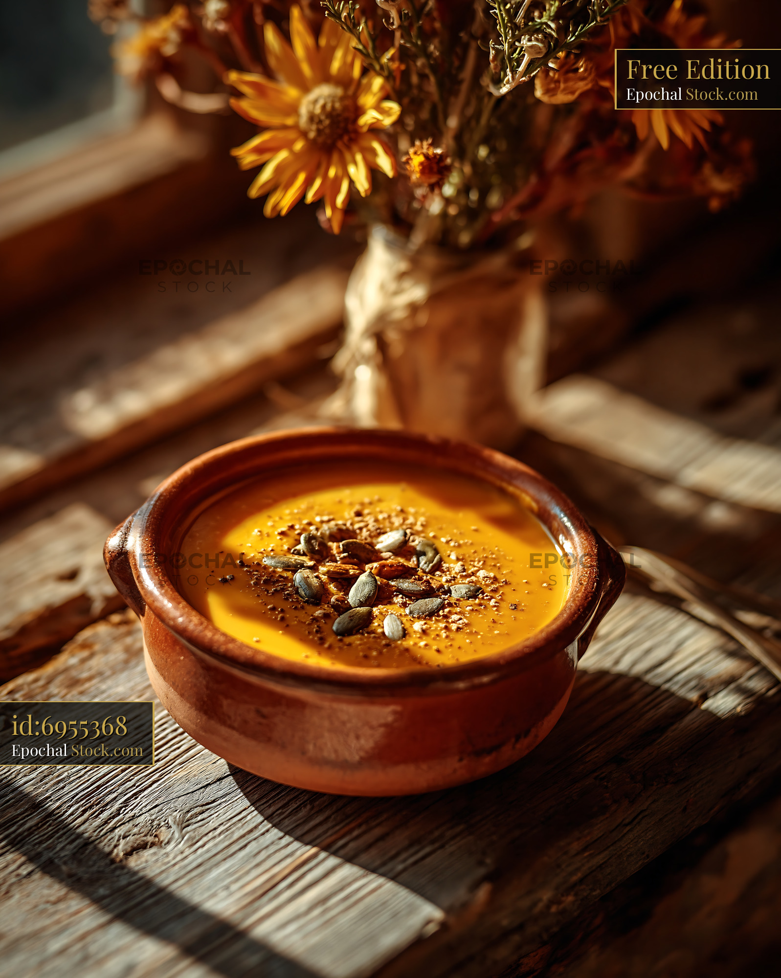 Kabocha pumpkin smoothie bowl topped with seeds on rustic wood table - stock photo