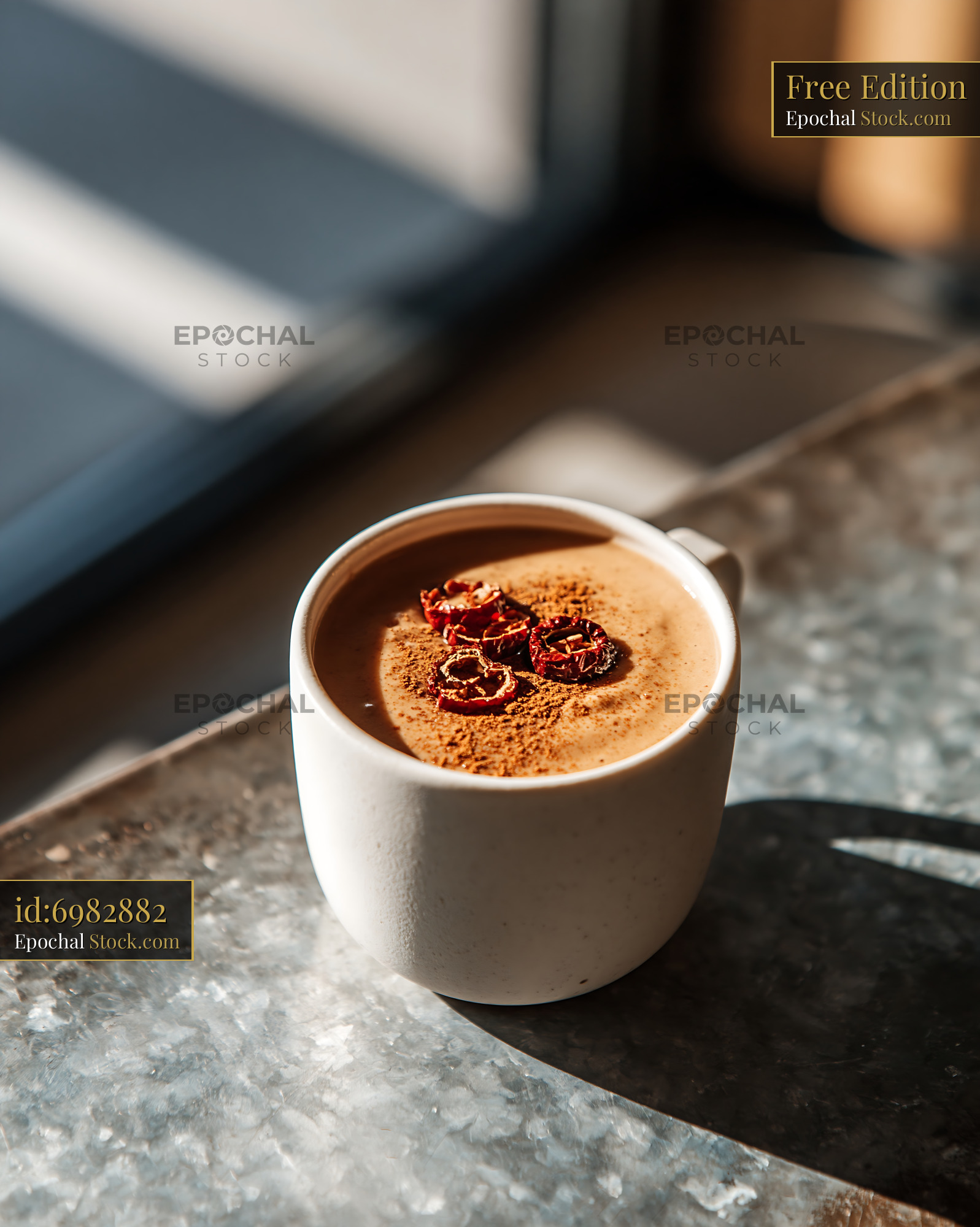 Creamy daechu jujube smoothie topped with dried fruit in warm sunlight - stock photo