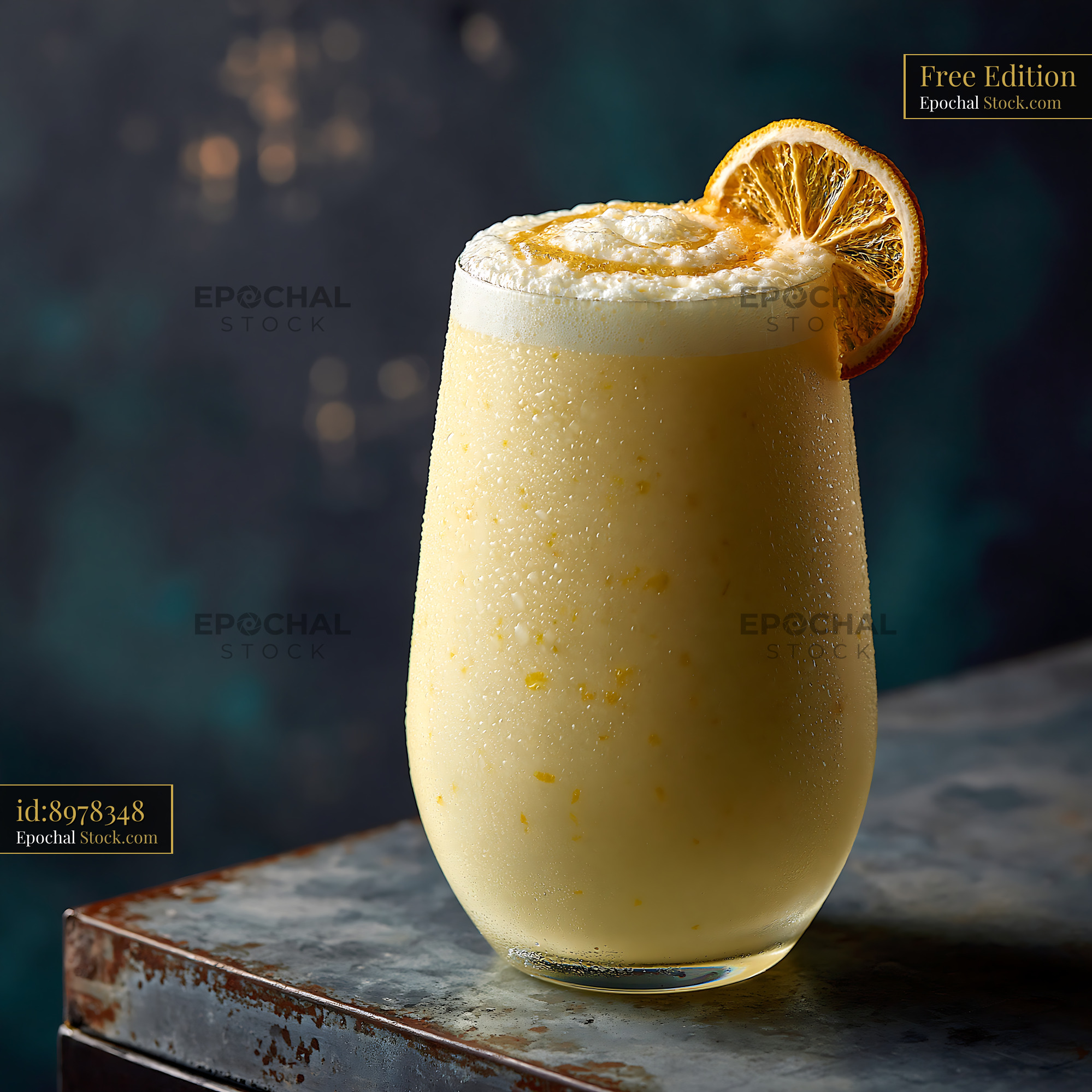 Creamy yuzu honey smoothie with foam and dried citrus garnish - stock photo
