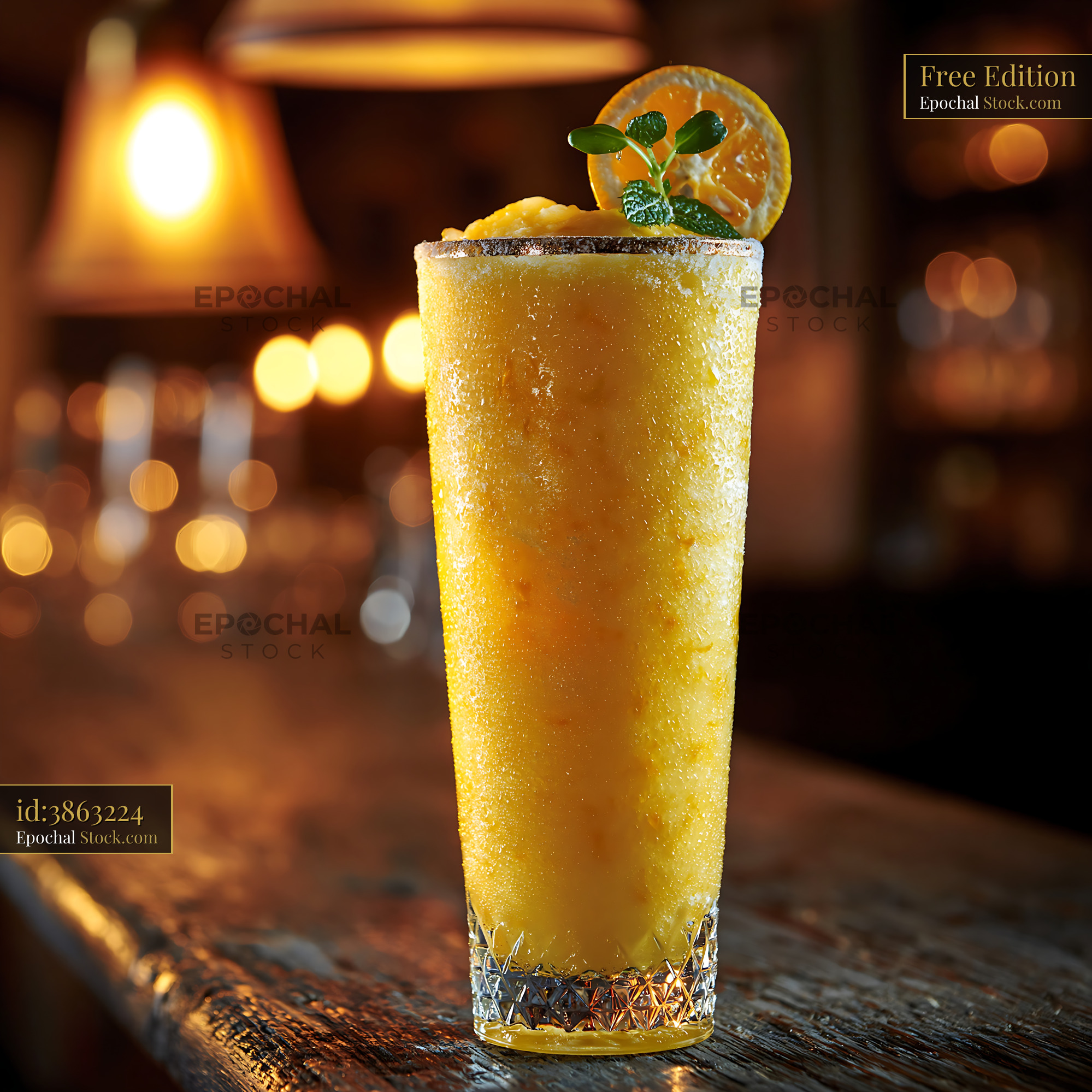 Icy yuja citron smoothie with citrus slice on a rustic wooden bar - stock photo