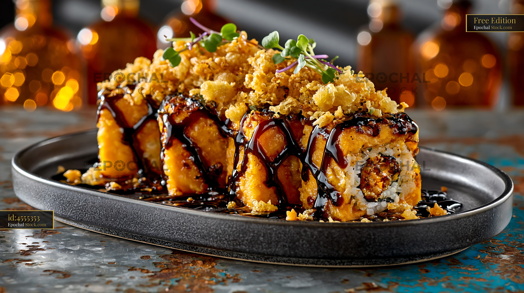 Sweet potato crunch sushi rolls with savory glaze and tempura flakes - stock photo