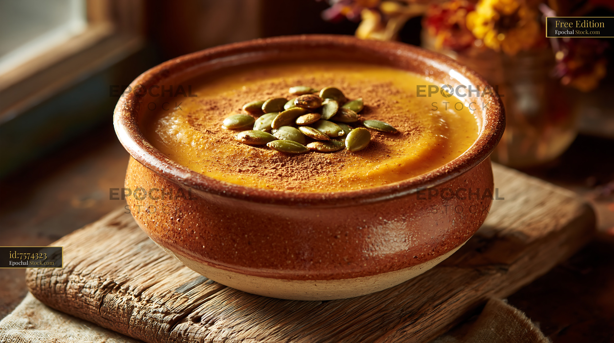 Kabocha pumpkin smoothie bowl with roasted seeds and cinnamon - stock photo