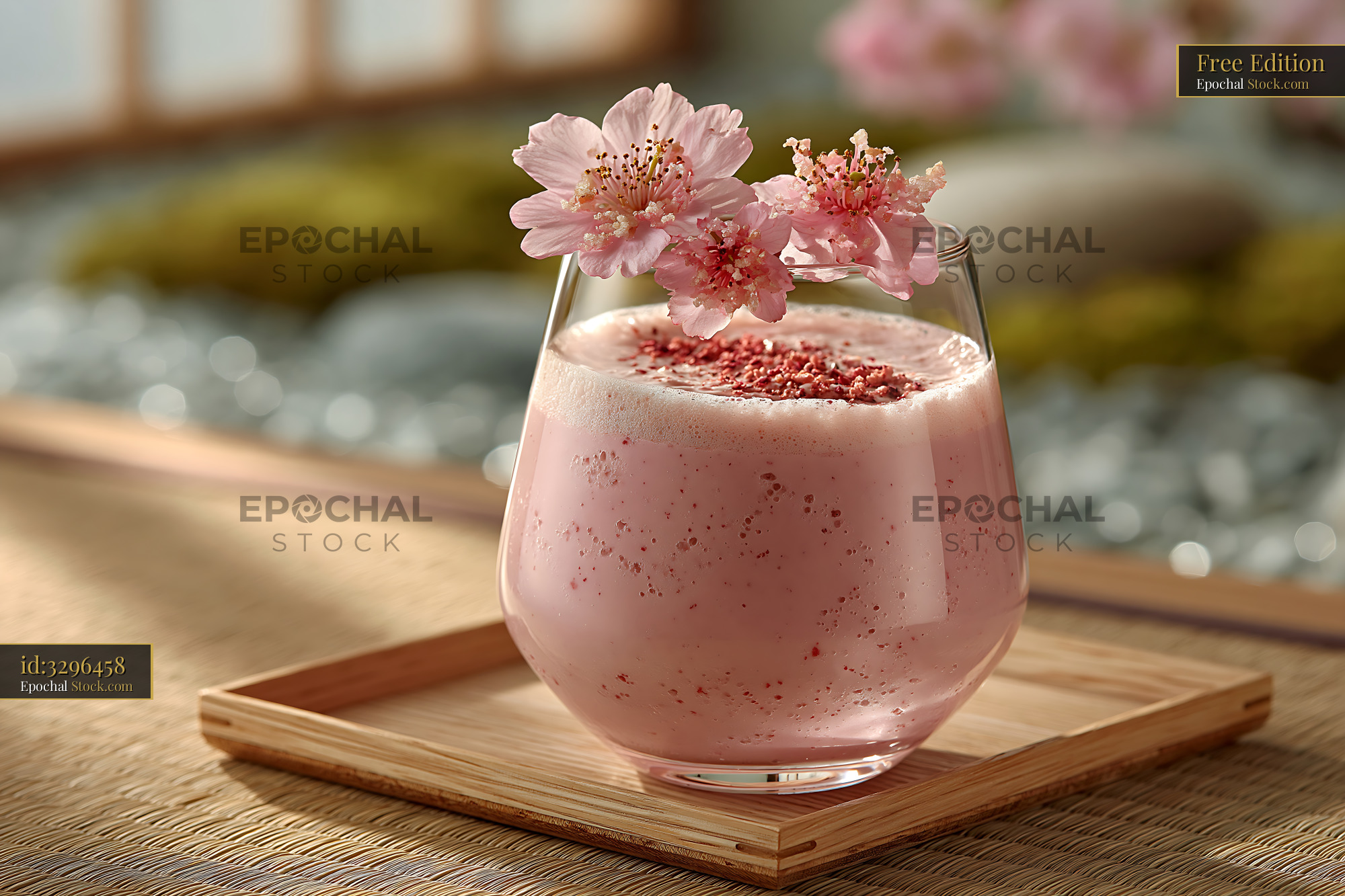 Pink sakura blossom smoothie on a wooden tray in a zen garden - stock photo