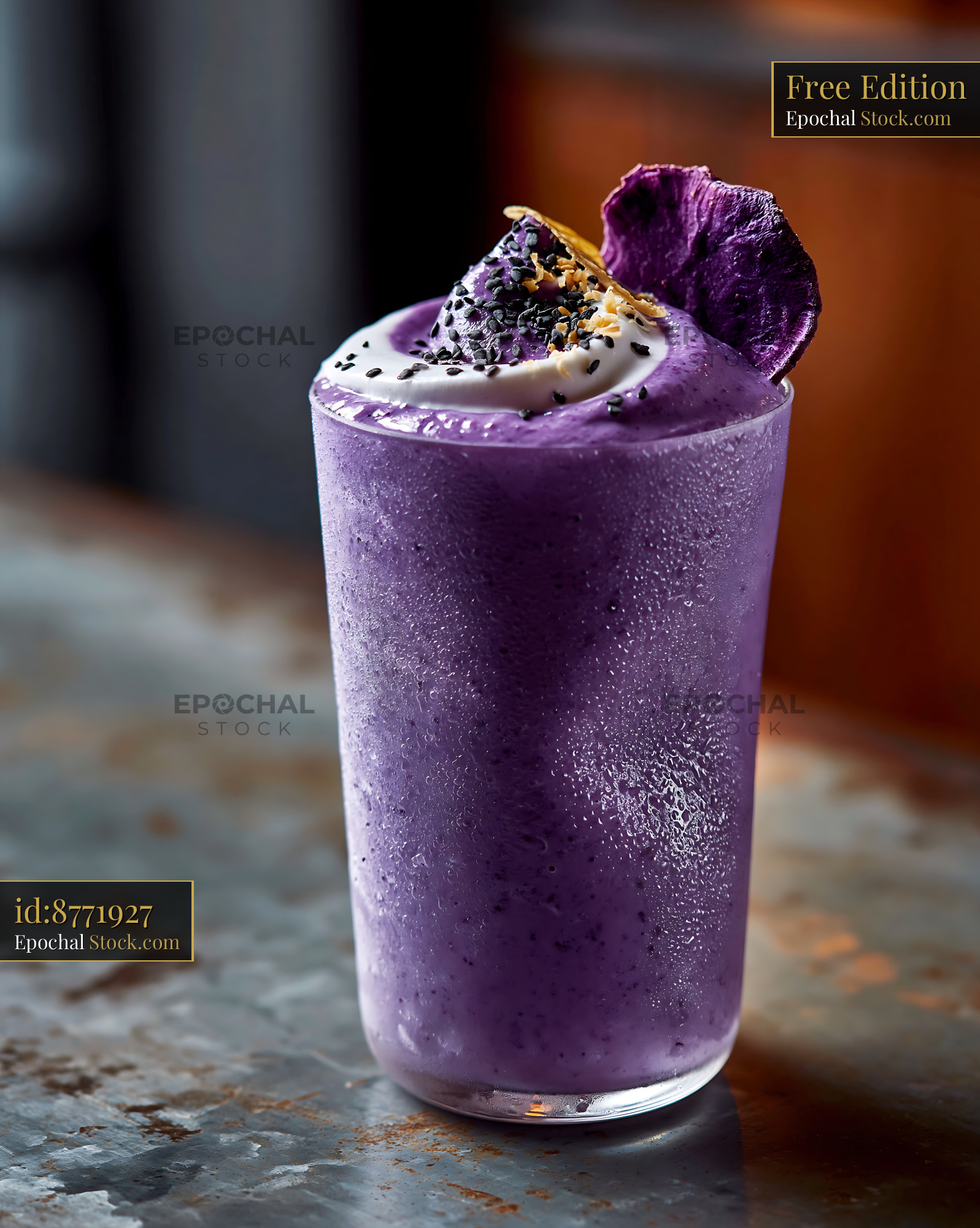 Beni imo smoothie with whipped cream and black sesame seeds - stock photo