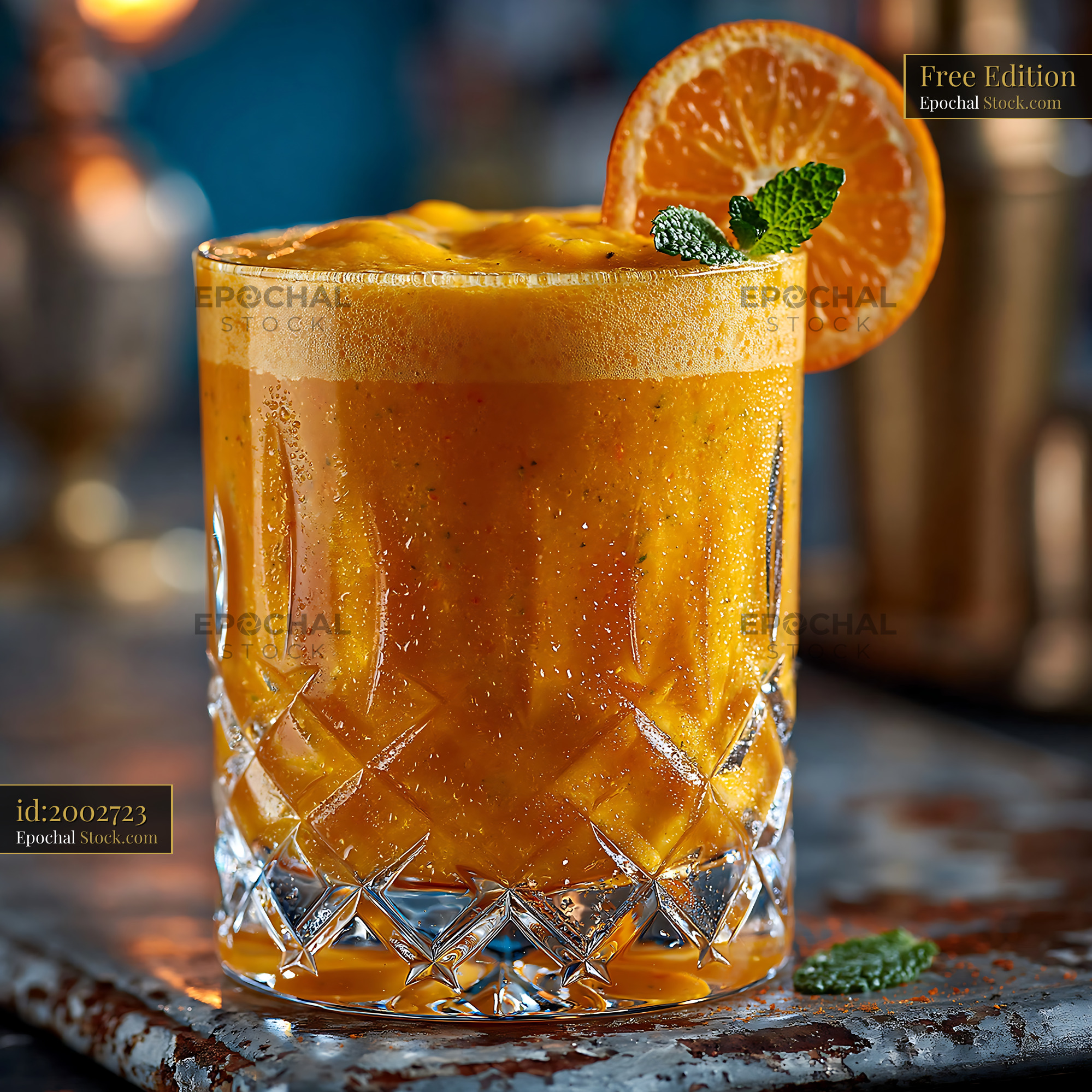 Mikan orange smoothie in a crystal glass with mint garnish - stock photo