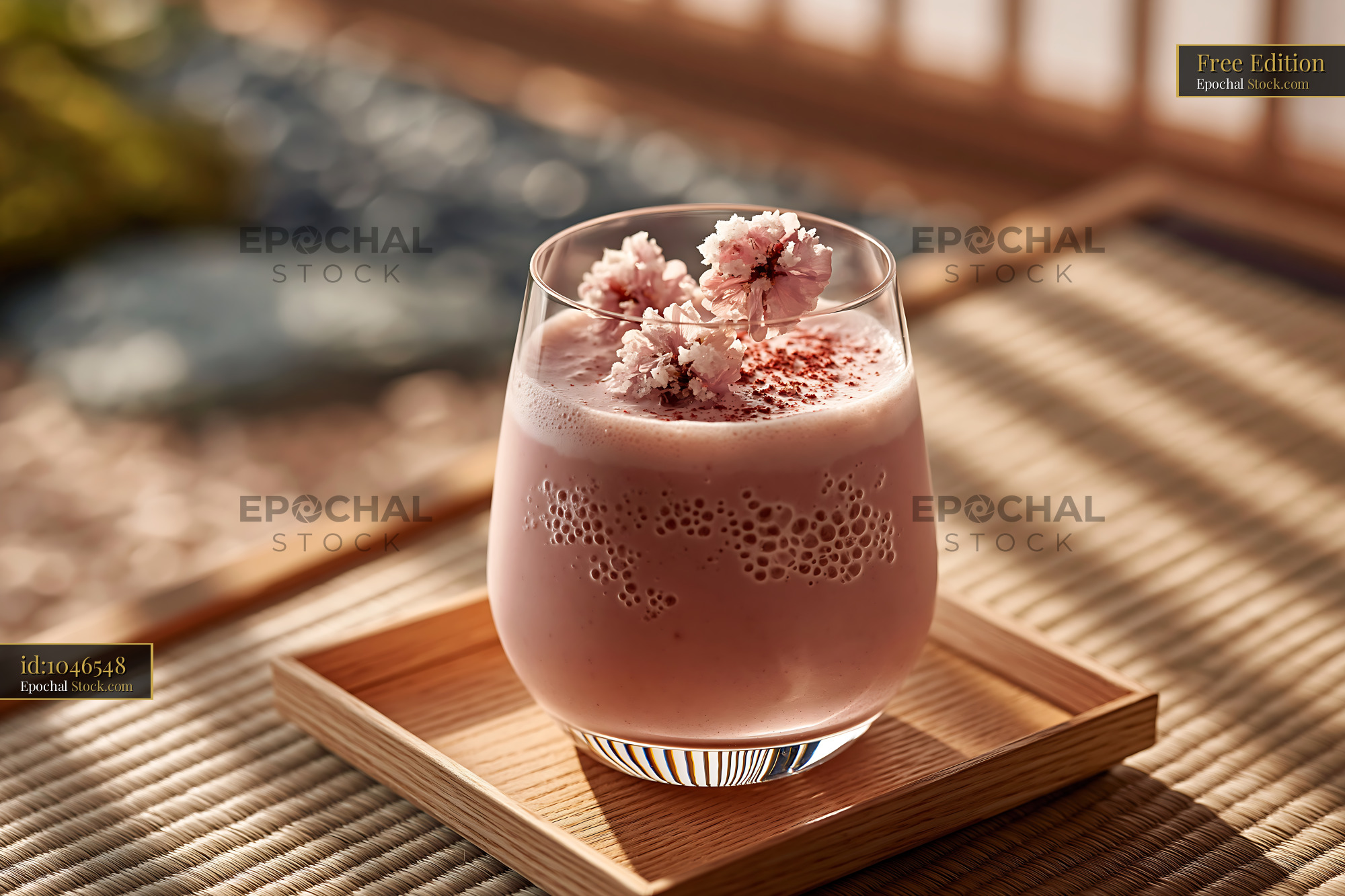 Sakura blossom smoothie in a glass on a wooden tray in a Japanese room - stock photo