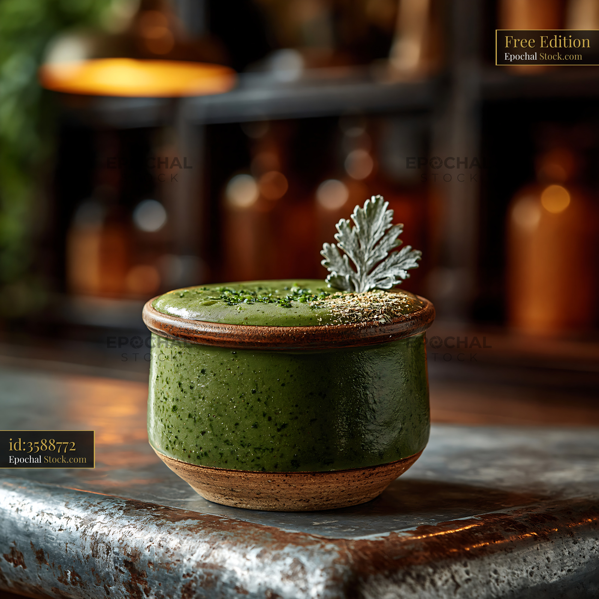 Mugwort herb smoothie in a rustic ceramic bowl on a bar counter - stock photo