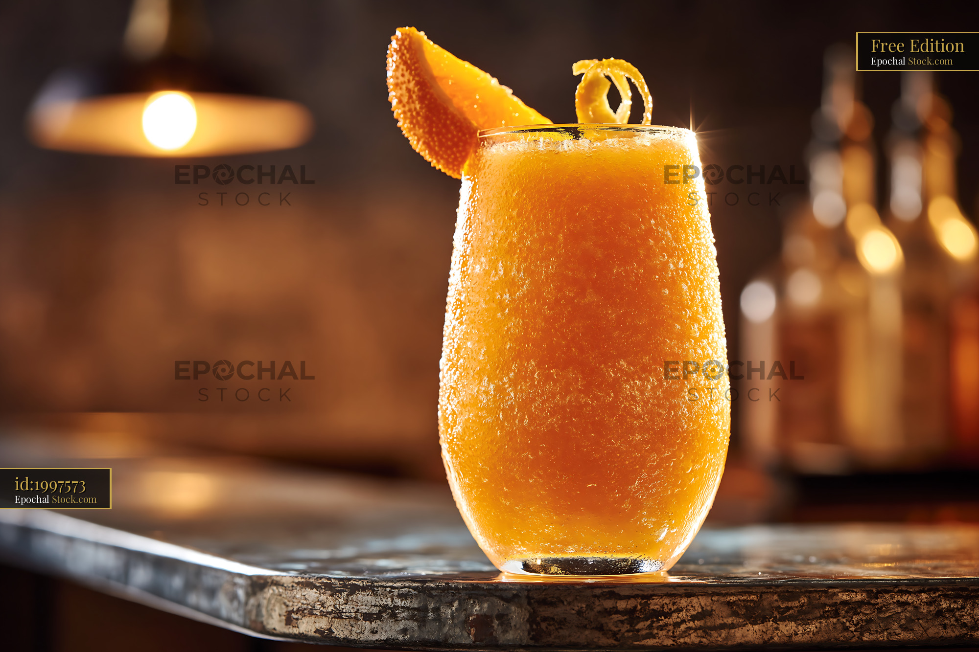 Hallabong citrus smoothie with orange garnish on a rustic bar - stock photo