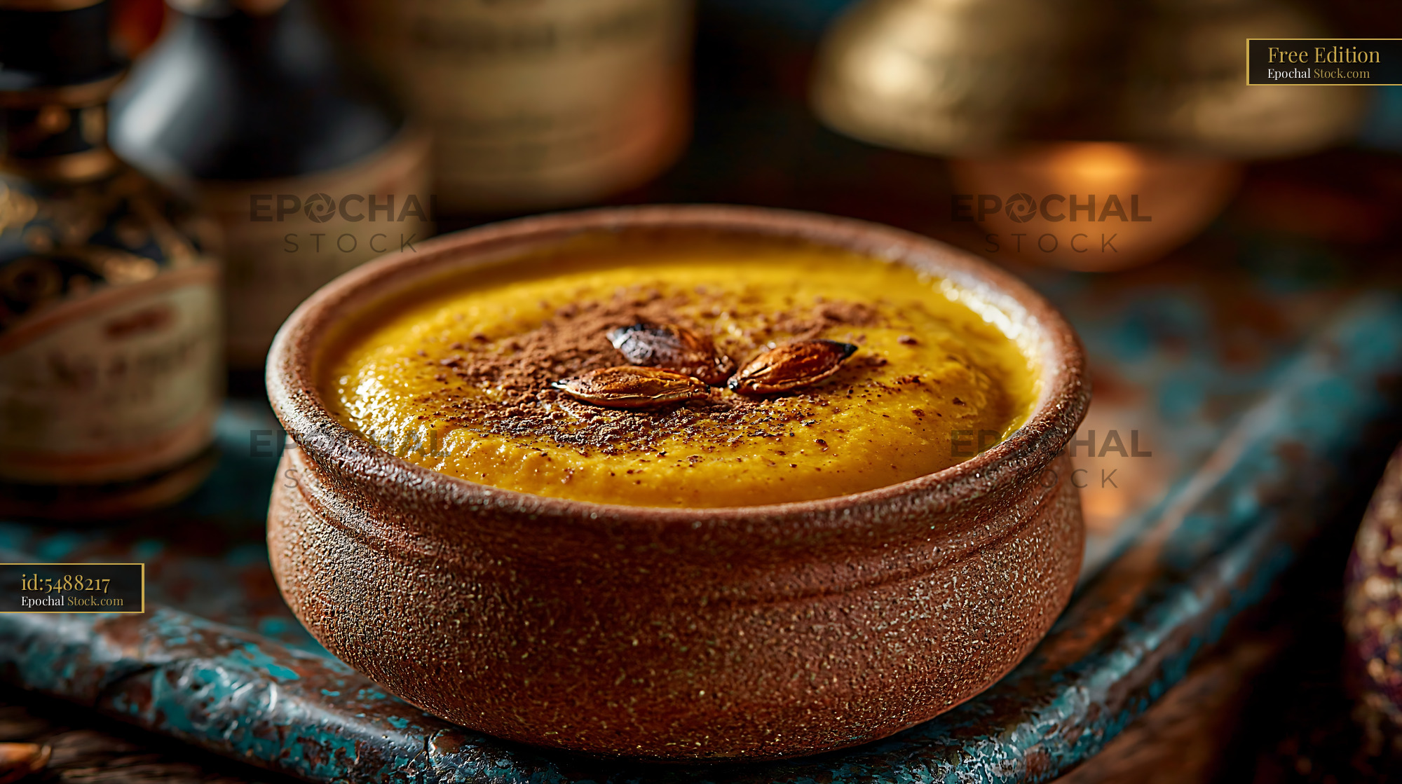 Creamy kabocha pumpkin smoothie in a rustic clay bowl with seeds - stock photo