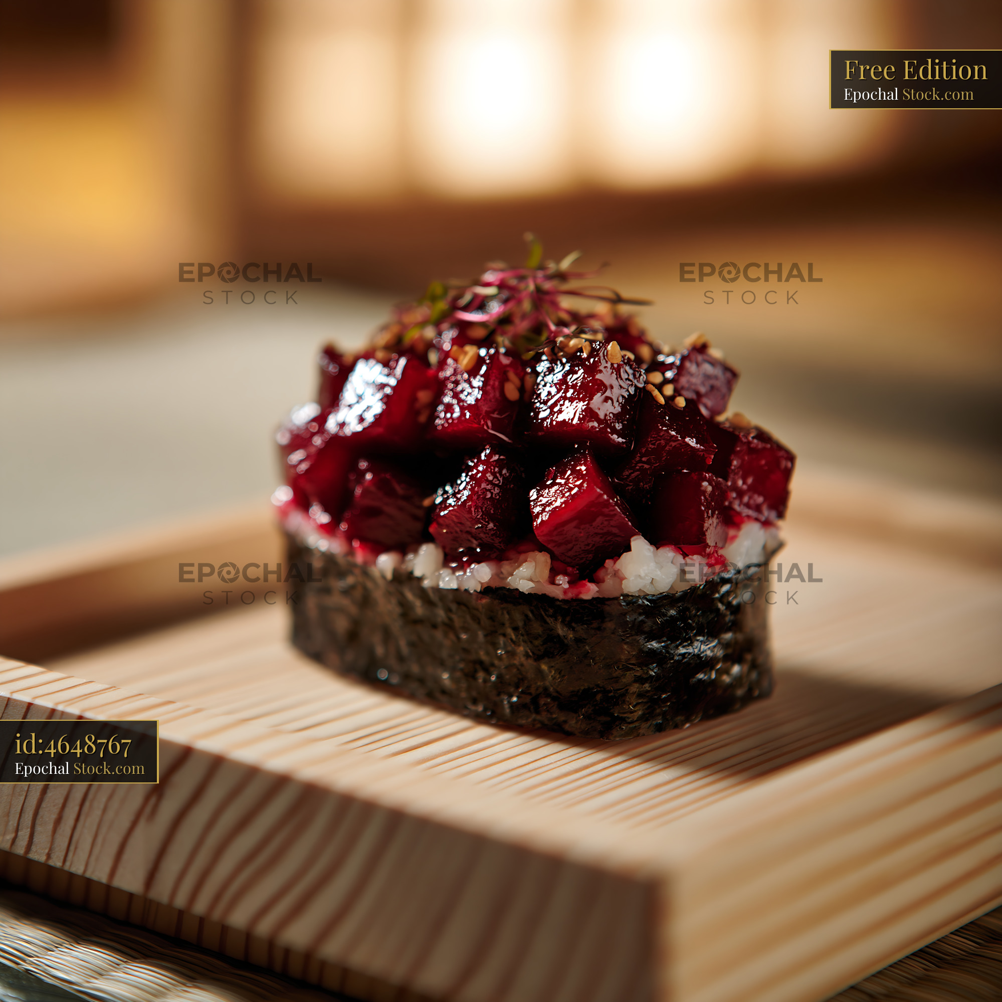 Vegan beet tartare sushi gunkan on a traditional wooden board - stock photo