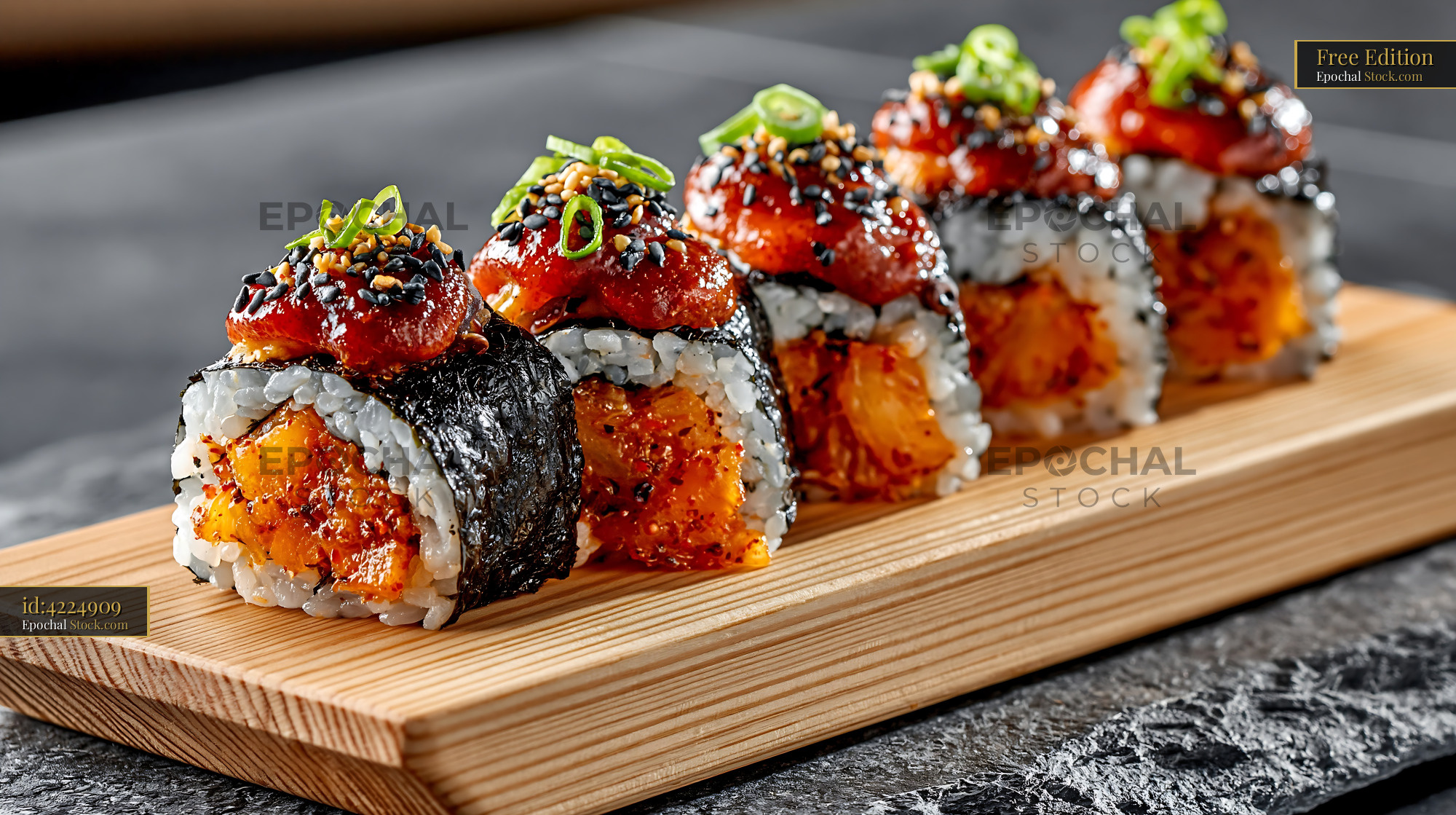Gourmet kimchi fusion maki sushi rolls on a wooden serving board - stock photo