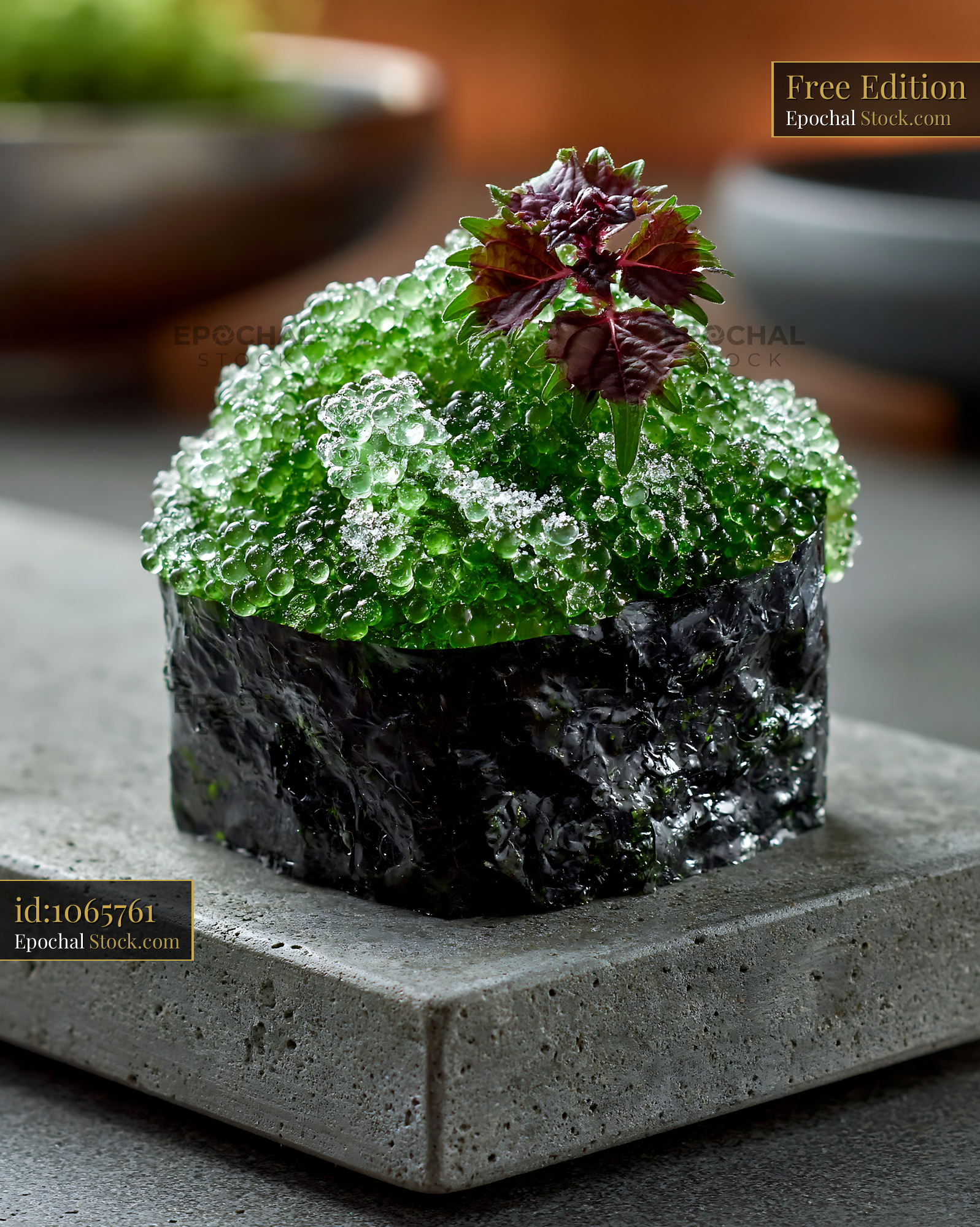 Gourmet umi budo sushi with green sea grapes on a stone platter - stock photo