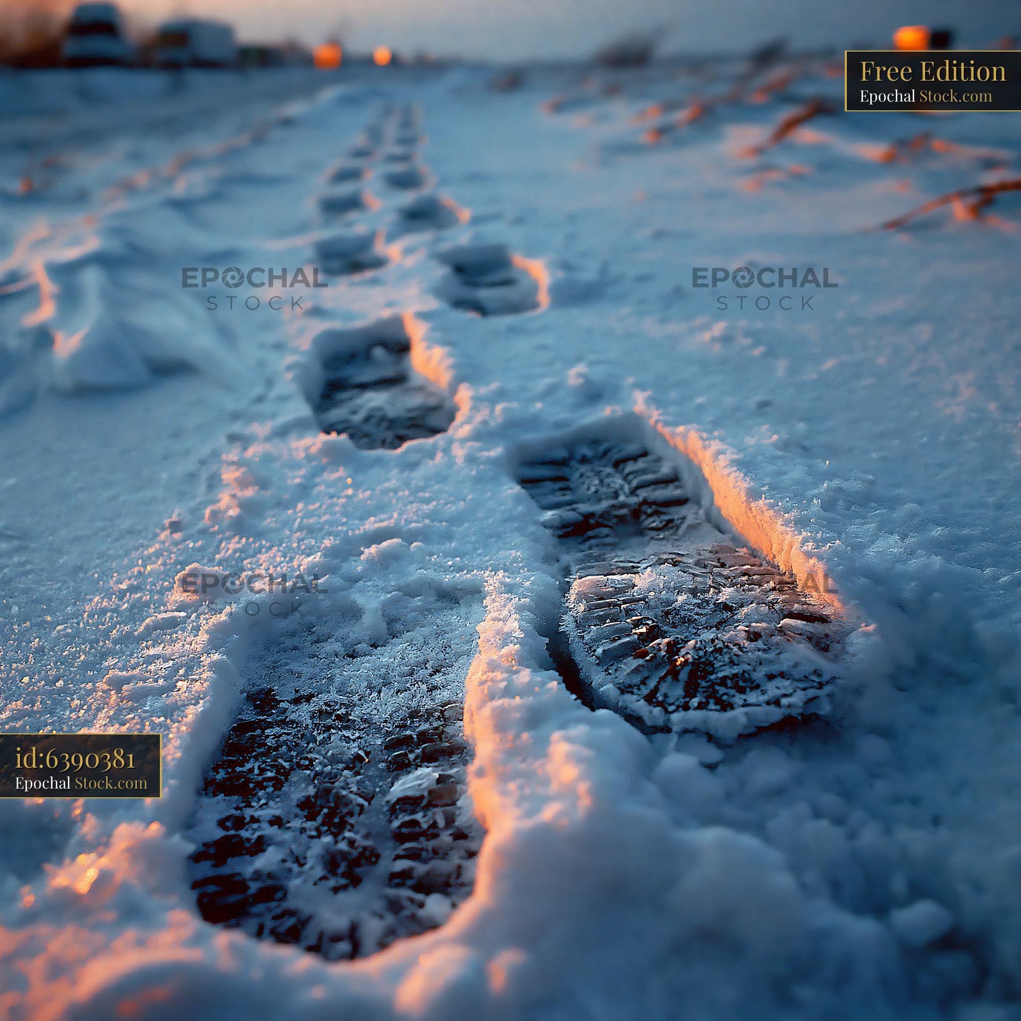Boot footprints in deep snow at sunset during golden hour - stock photo
