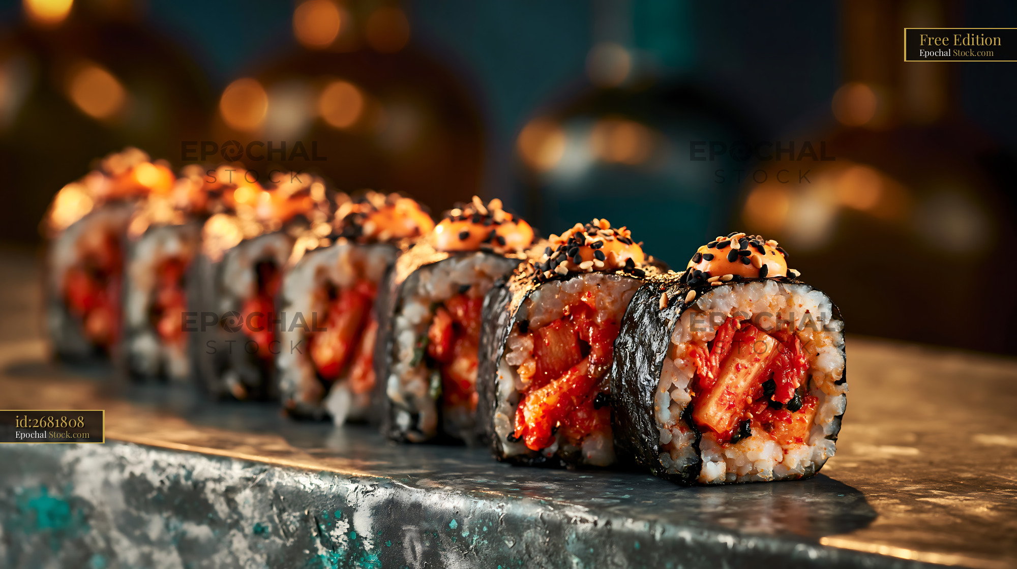 Kimchi fusion maki sushi rolls with spicy mayo and sesame seeds - stock photo