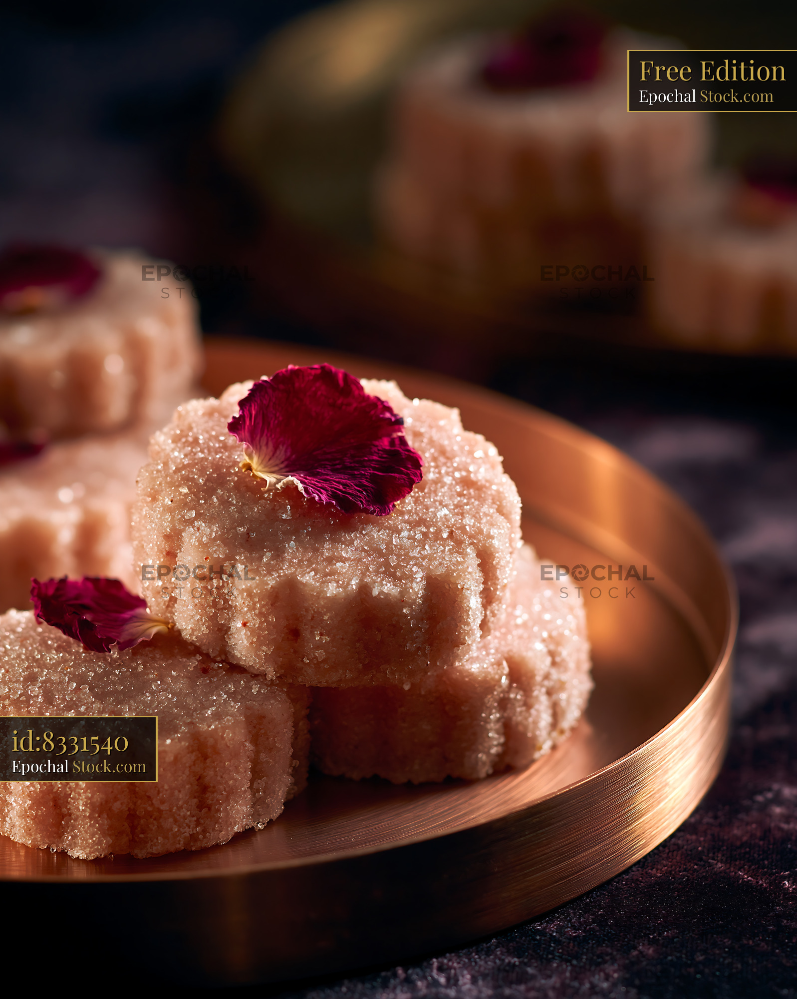 Pink rose water biscuits with dried petals on a copper tray - stock photo