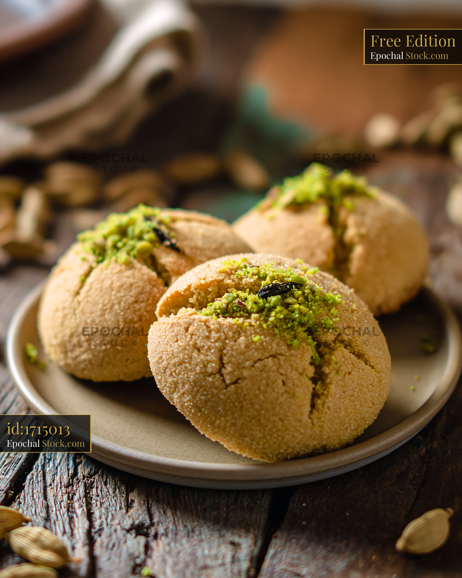 Three cardamom chickpea biscuits with pistachios on rustic wood - stock photo
