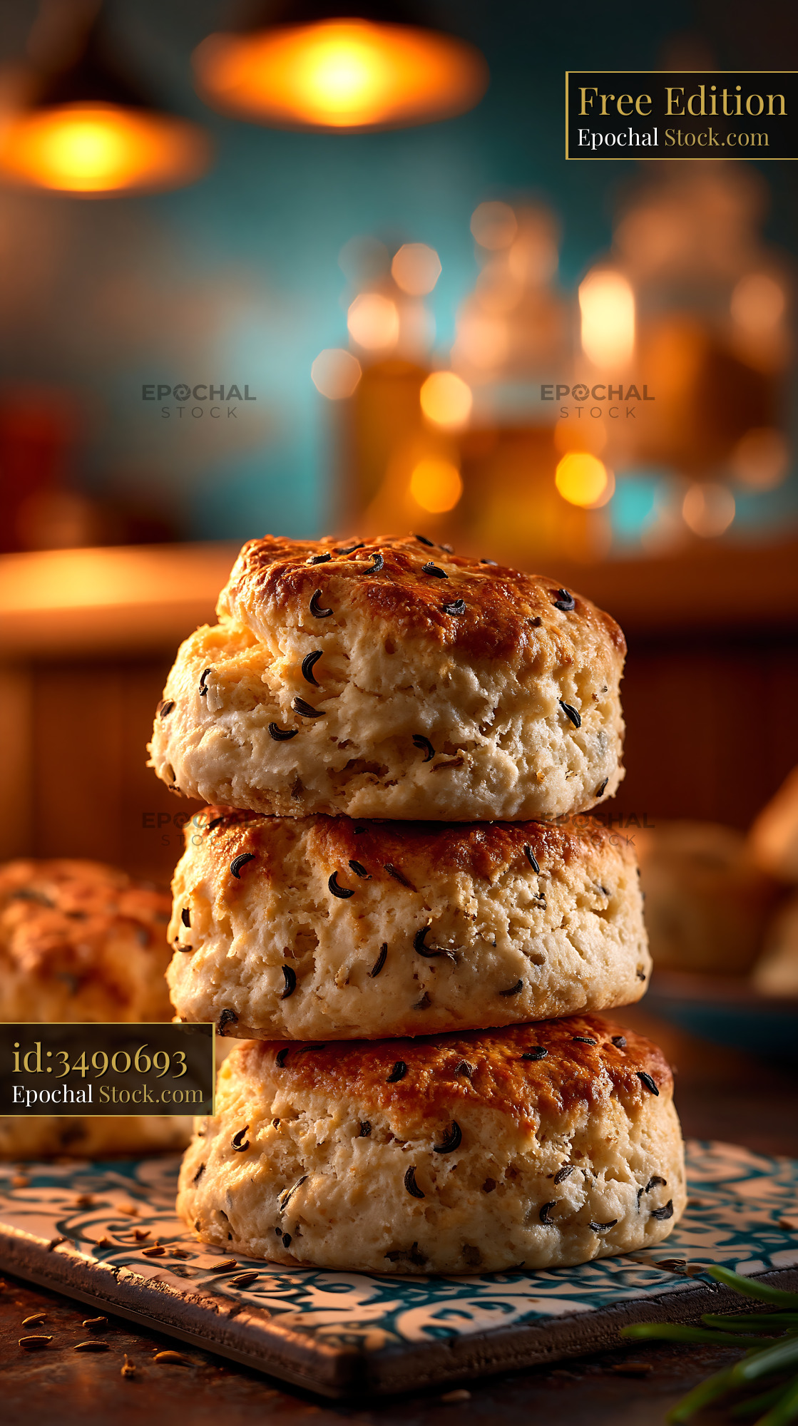 Stack of fresh caraway seed biscuits on a decorative tile - stock photo