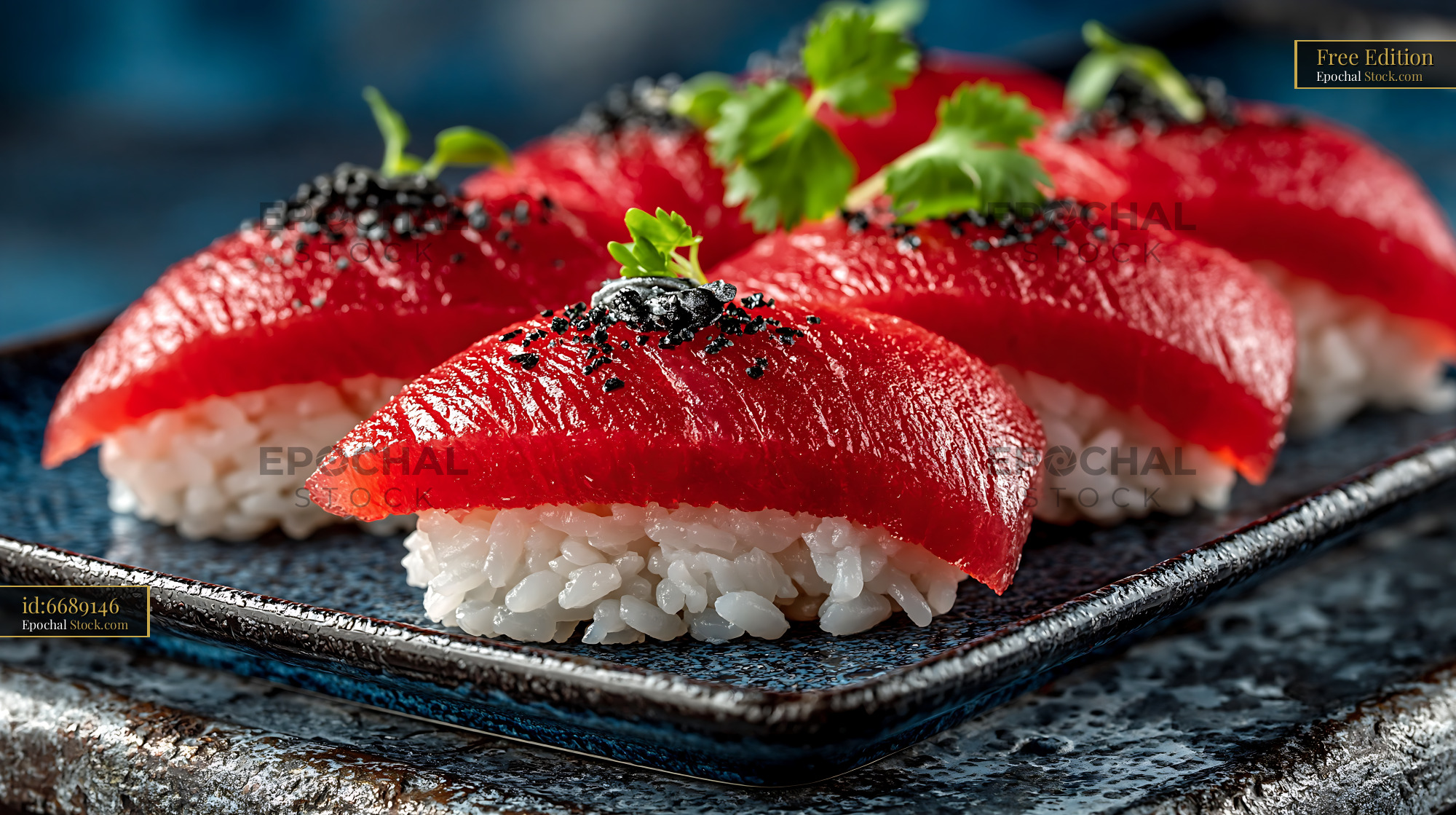 Vegan watermelon tuna sushi nigiri with black sesame on a blue plate - stock photo