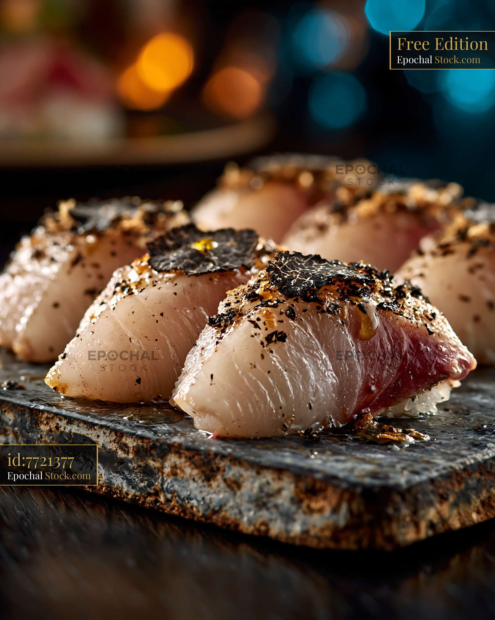 Gourmet yellowtail nigiri topped with black truffle on a stone plate - stock photo