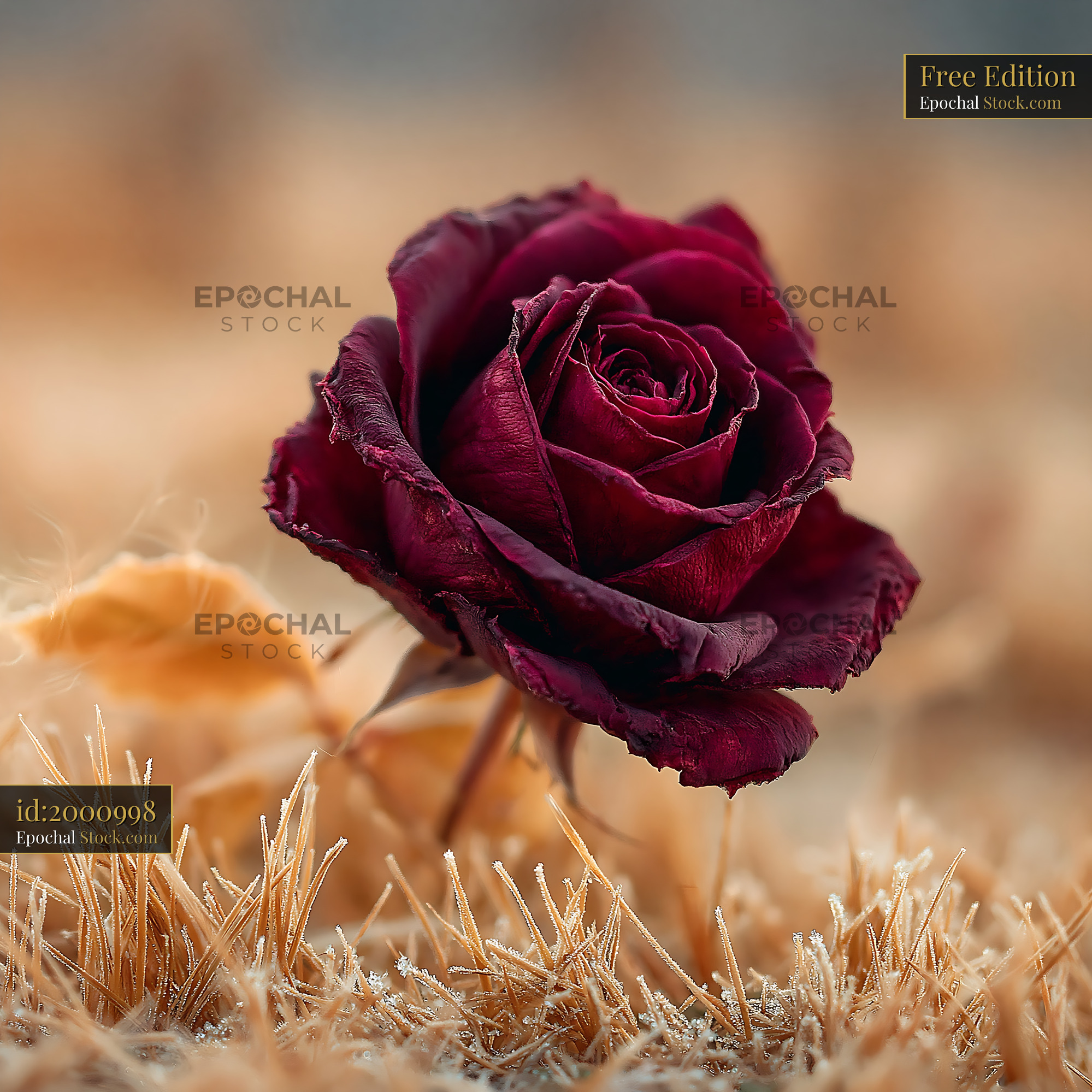 Last red rose of summer standing in frosted dry autumn grass - stock photo