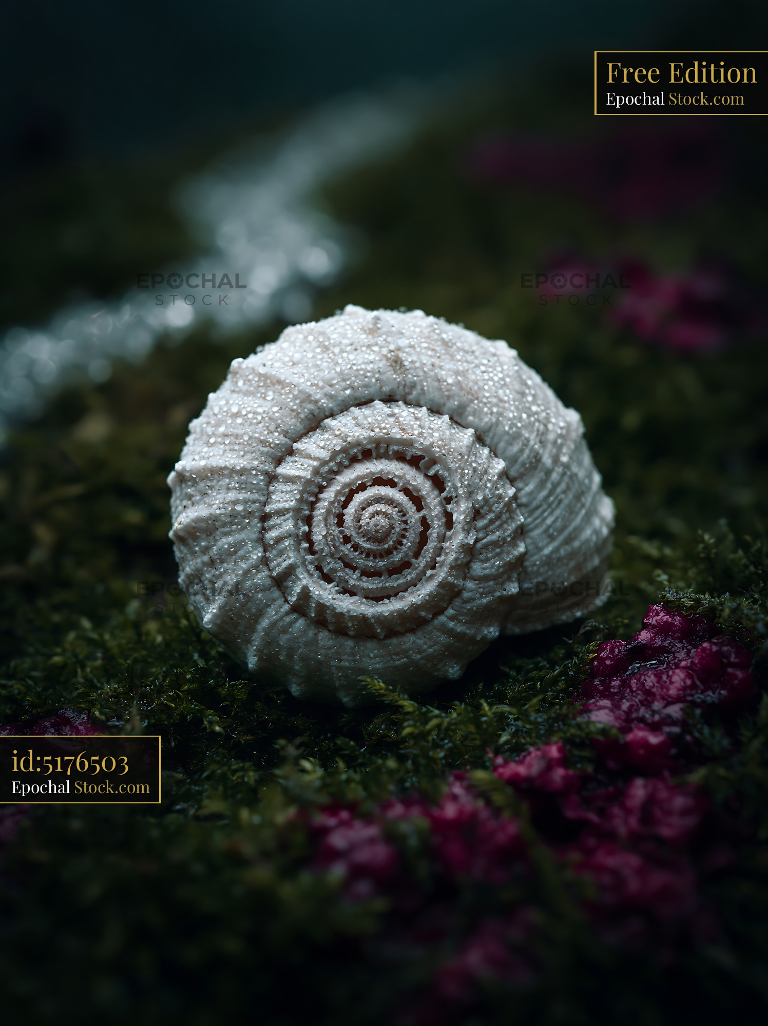 White snail shell with morning dew on wet green moss - stock photo