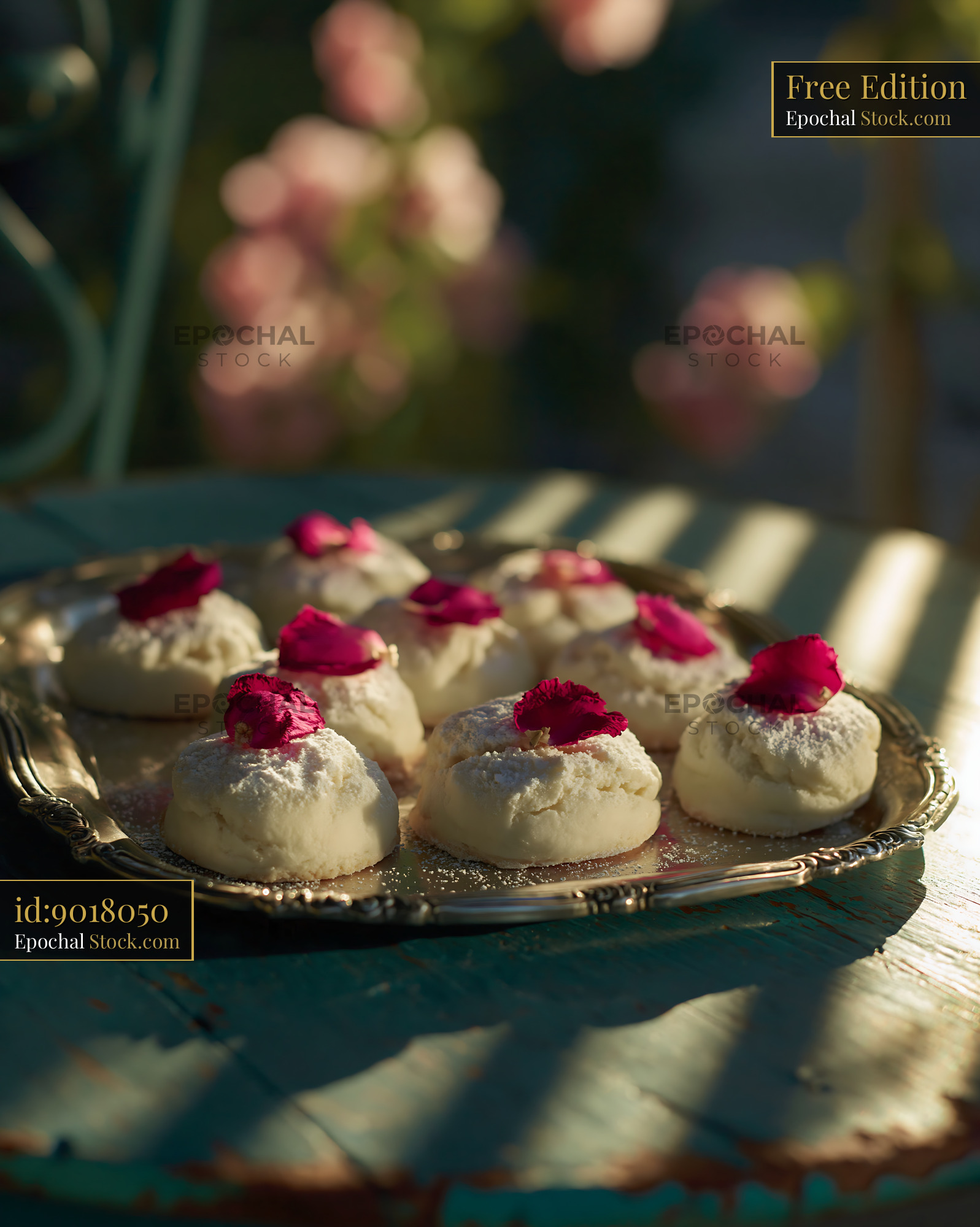 Homemade rose water biscuits with pink petals on a silver tray - stock photo